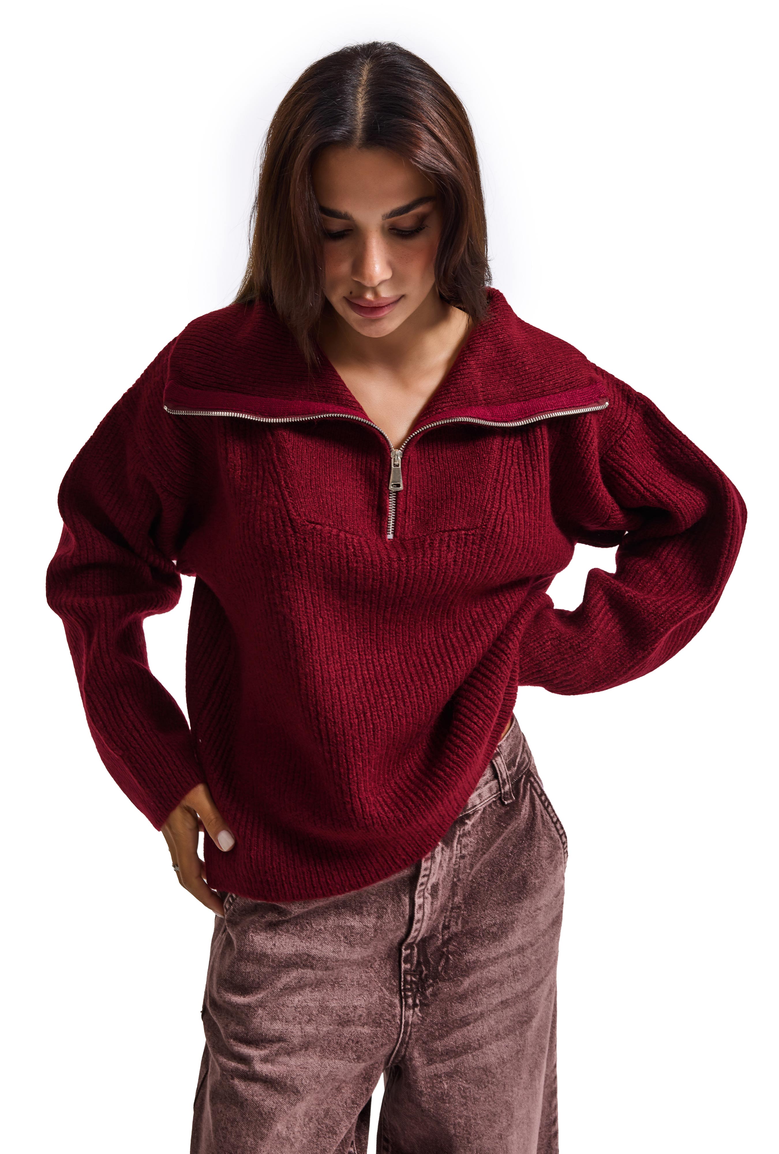 It's Basic Kadın Bordo w6-35 Oversize Fermuarlı Triko Kazak görsel 7