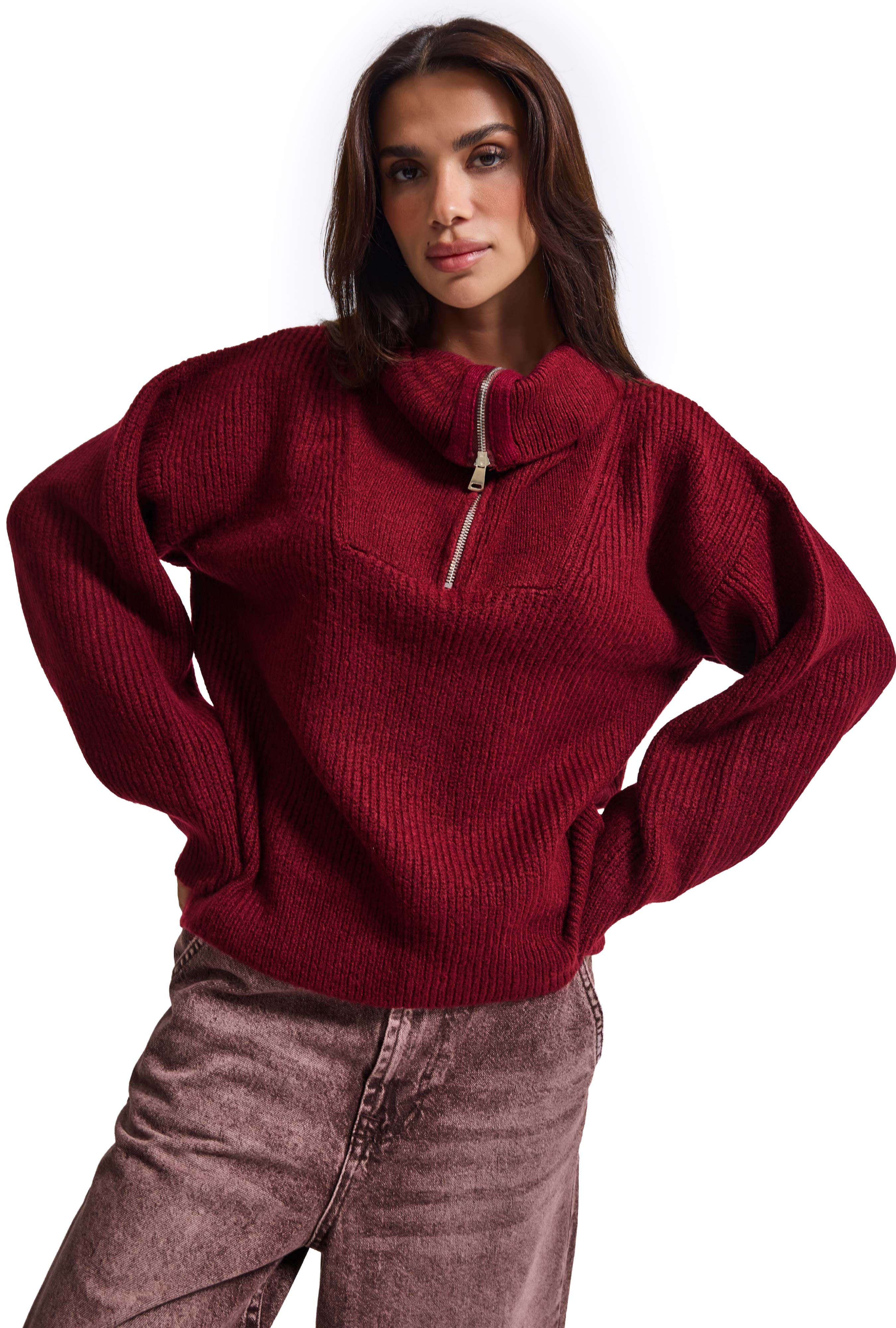 It's Basic Kadın Bordo w6-35 Oversize Fermuarlı Triko Kazak görsel 2