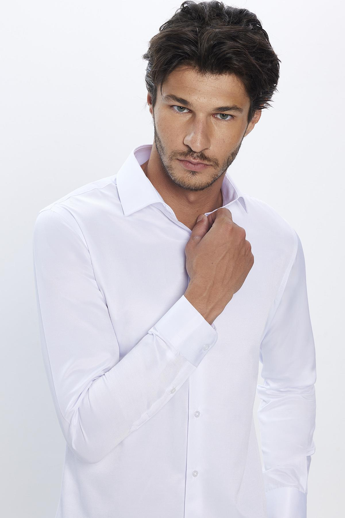 TUDORS Slim Fit Uzun Kollu Pamuklu Düz Erkek Beyaz Gömlek