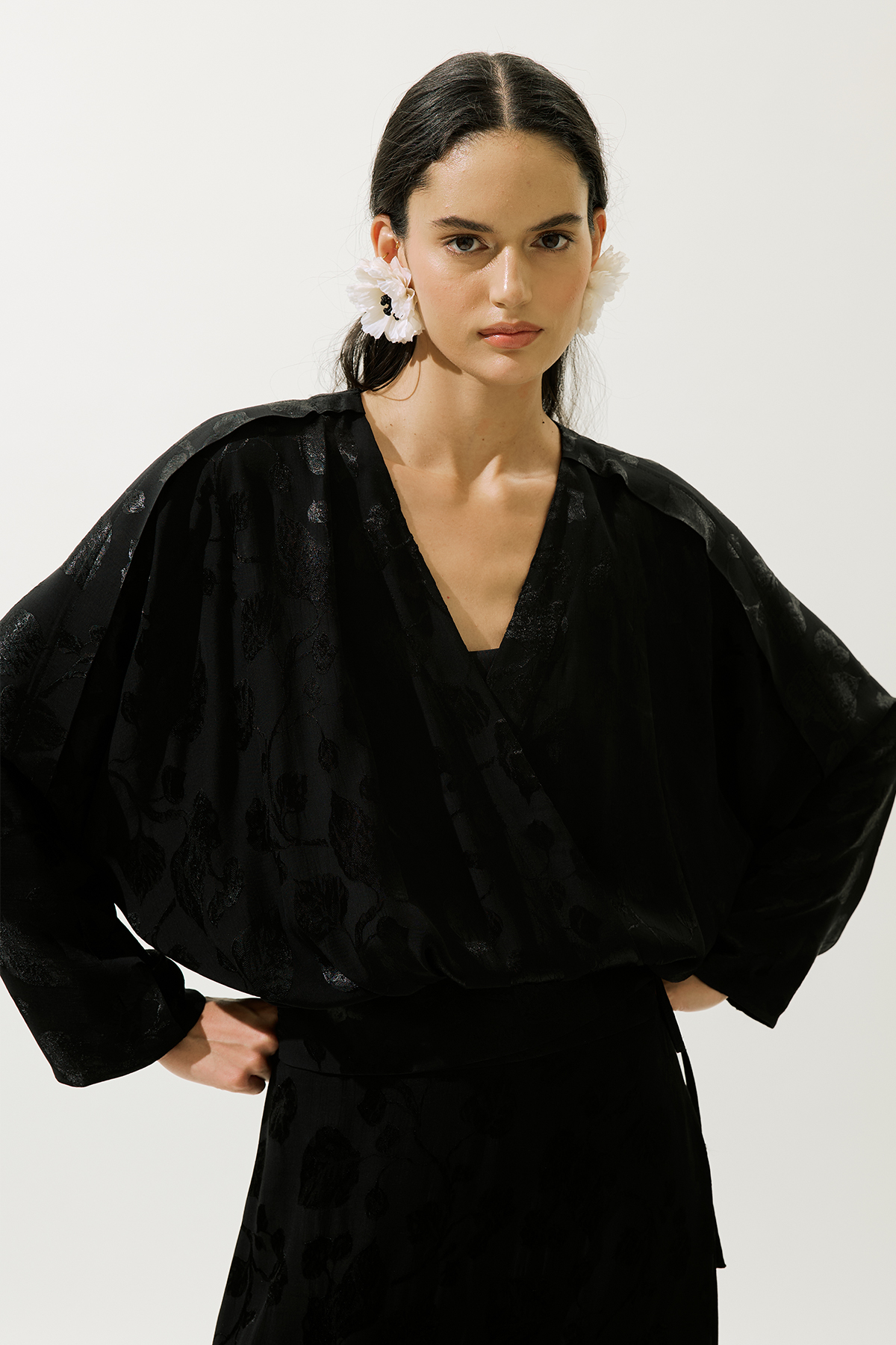 Manuka Jakarlı Saten Kimono Siyah