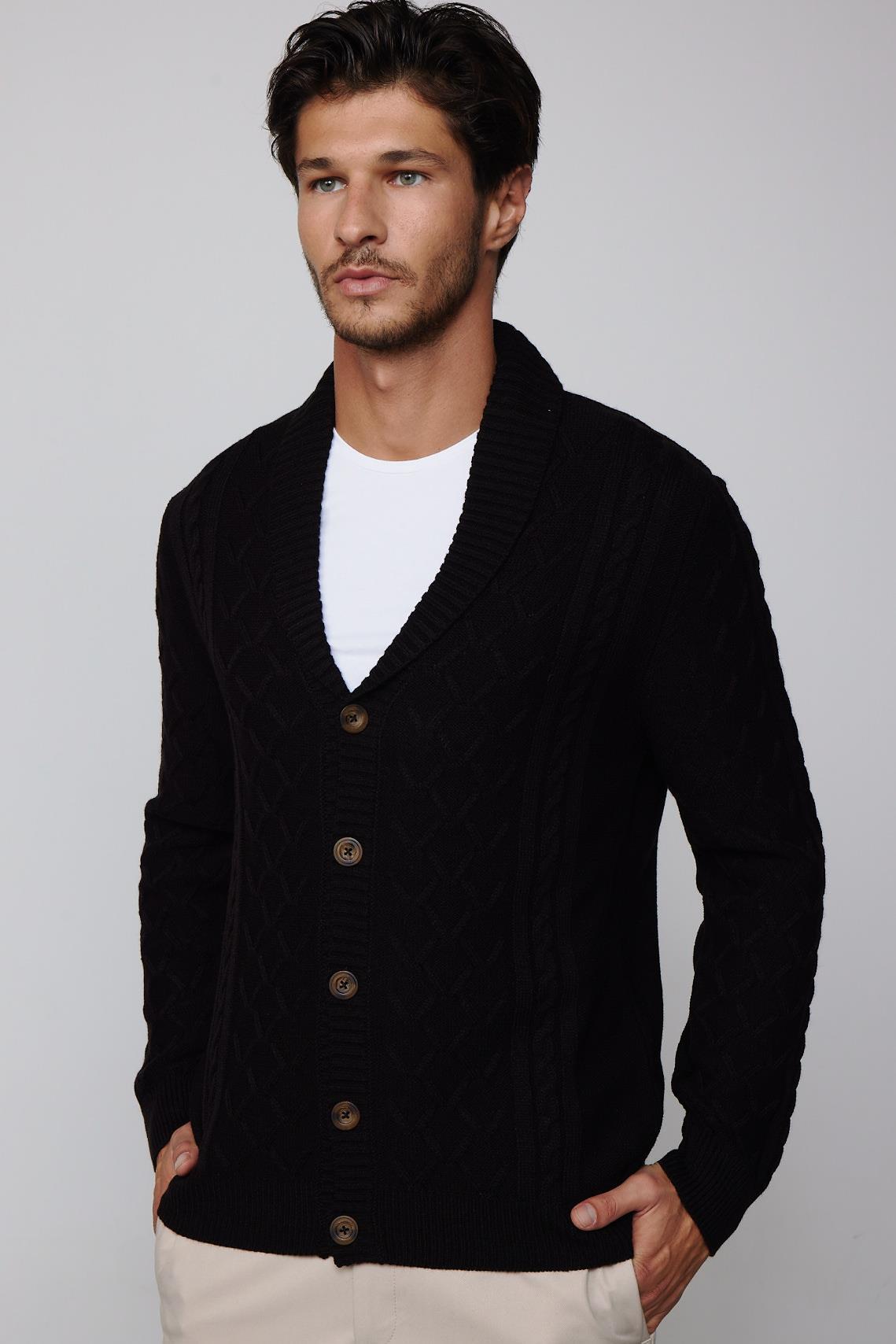 TUDORS Slim Fit Dar Kesim Desenli Yumuşak Dokulu Düğmeli Siyah Erkek Hırka görsel 2