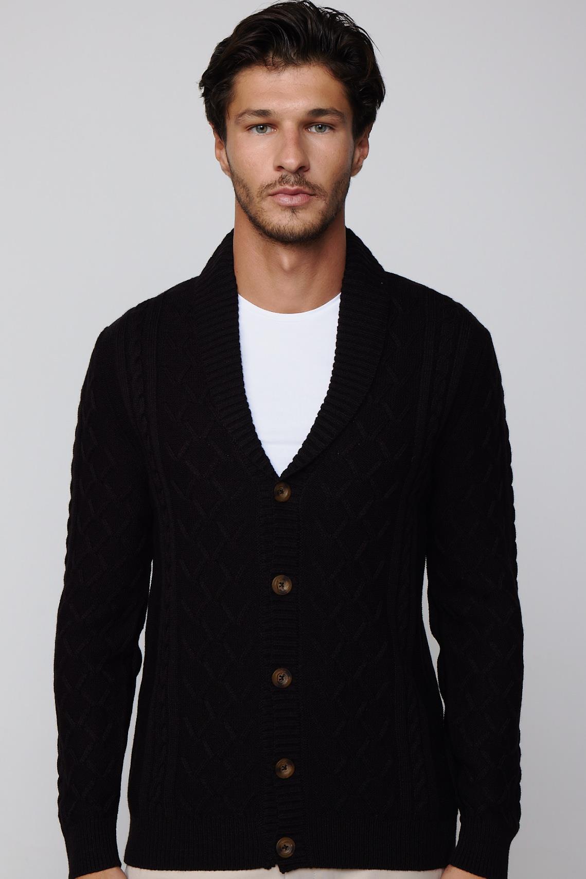 TUDORS Slim Fit Dar Kesim Desenli Yumuşak Dokulu Düğmeli Siyah Erkek Hırka görsel 3