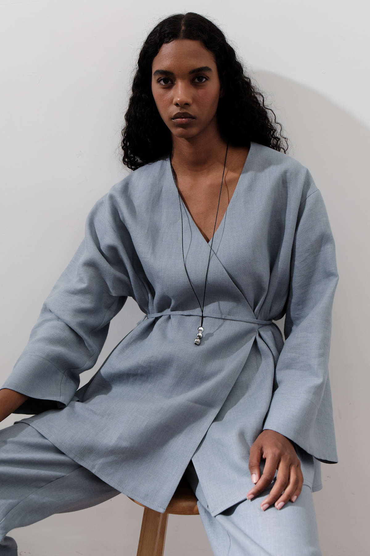 Manuka Keten Kruvaze Kapama Kimono Mavi