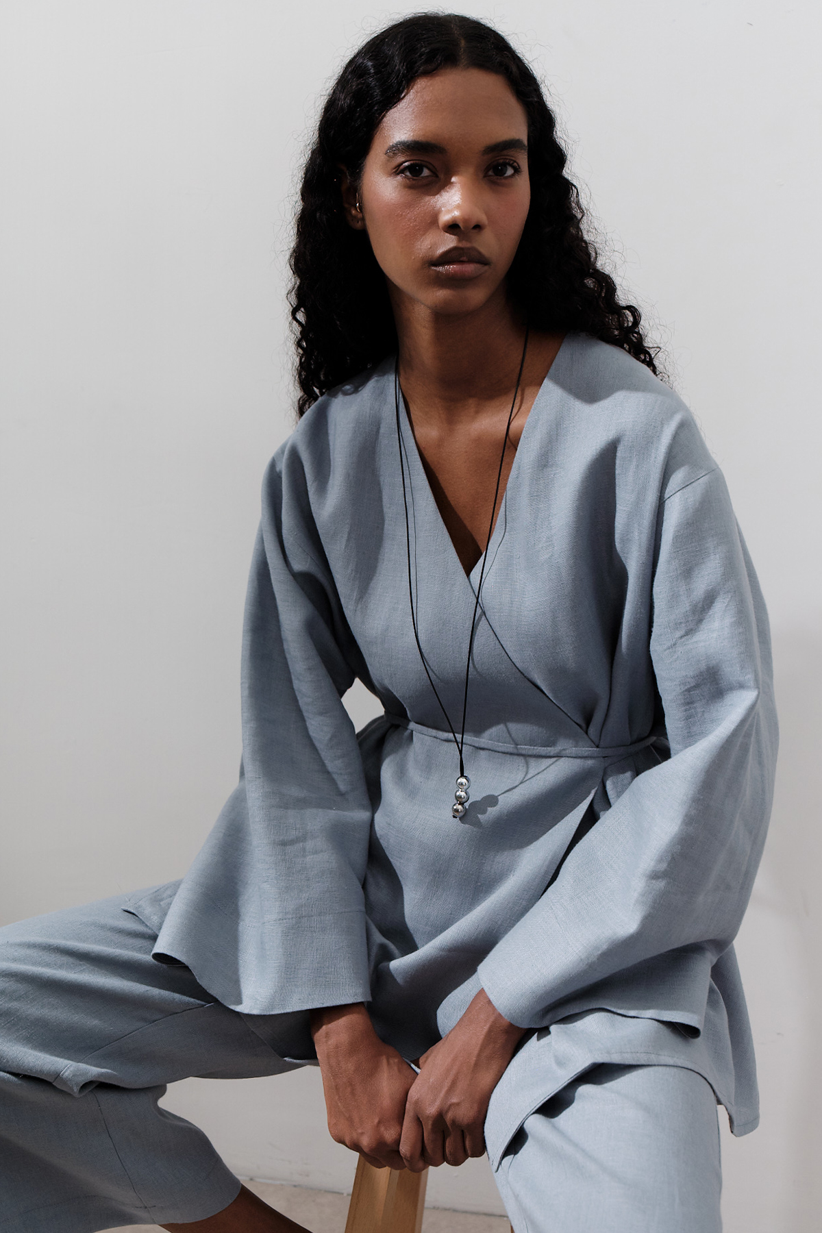 Manuka Keten Kruvaze Kapama Kimono Mavi görsel 3
