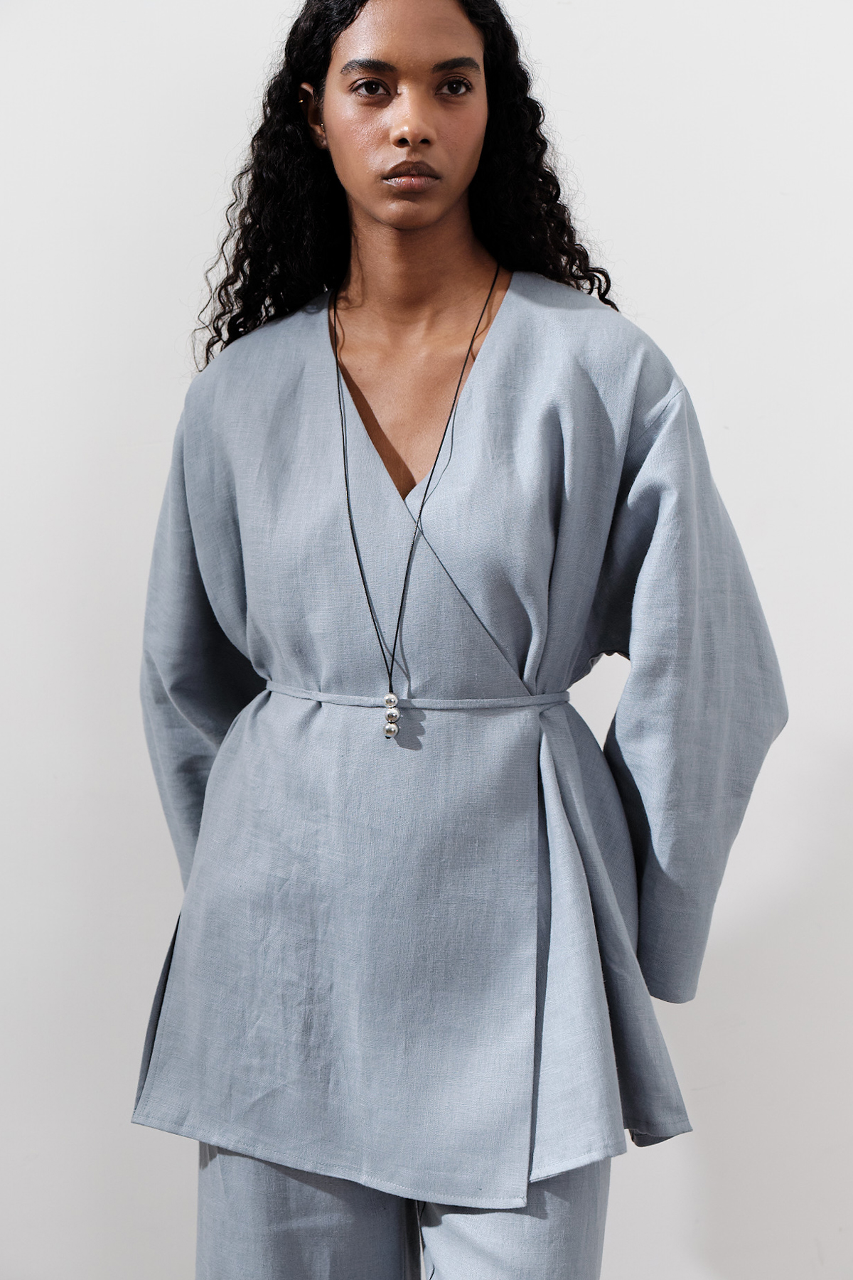 Manuka Keten Kruvaze Kapama Kimono Mavi görsel 6