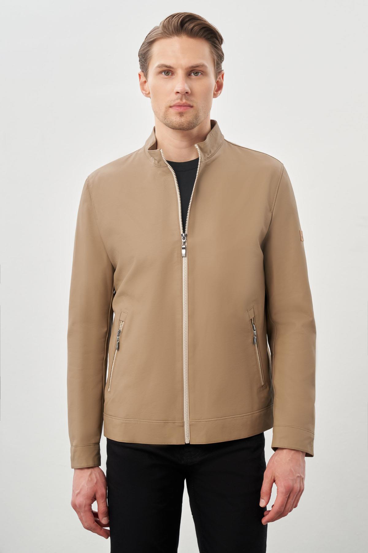 İMZA Bej Suni Deri Hakim Yaka Düz Yırtmaçsız Tam Astar Slim Fit Casual Deri Görünümlü Mont 1038245152