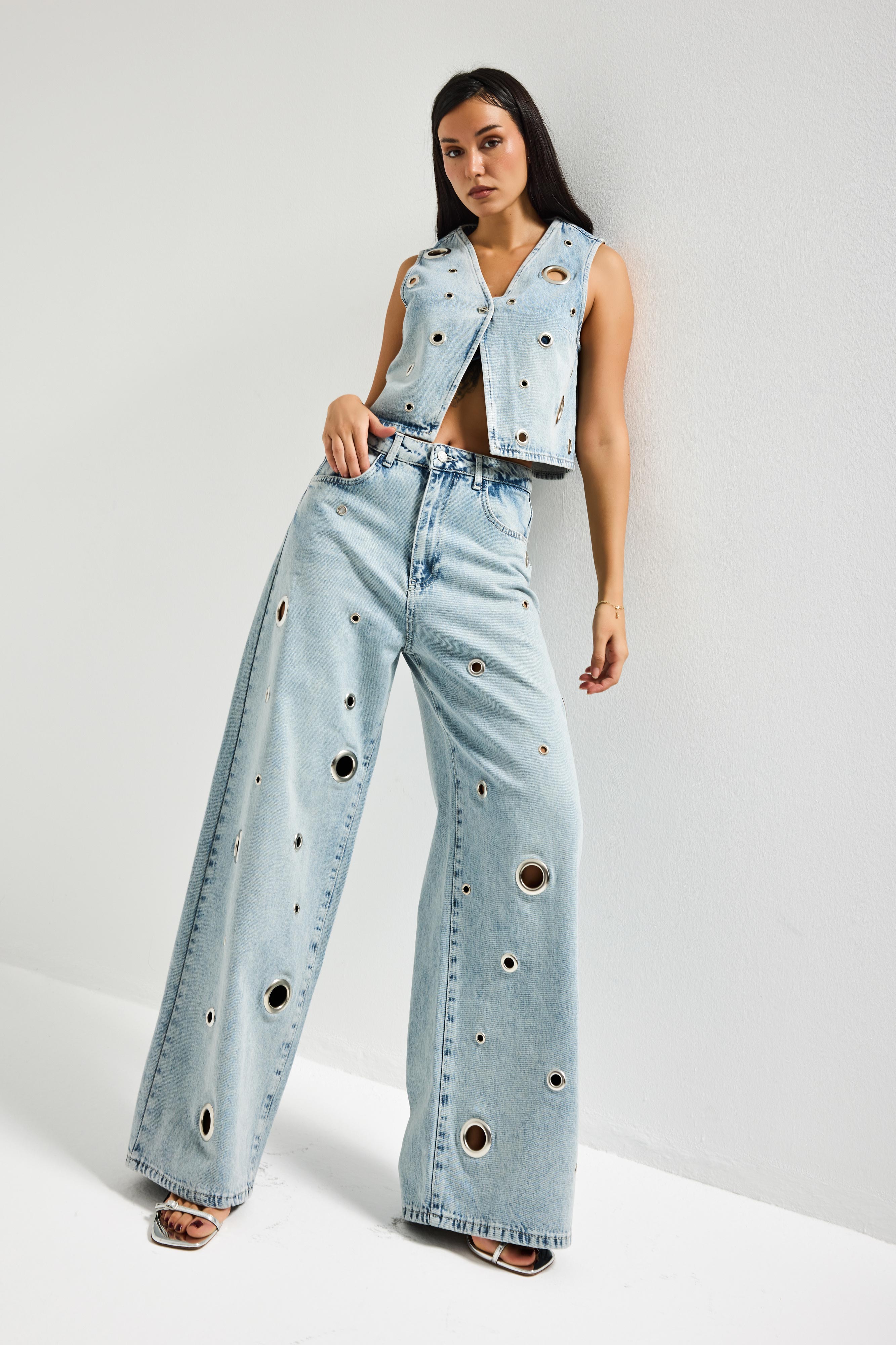 It's Basic Kadın Jean Rengi 4s6-65 Rahat Kesim Kuş Gözü Detaylı Tasarım Sıfır Kol Denim Yelek görsel 4