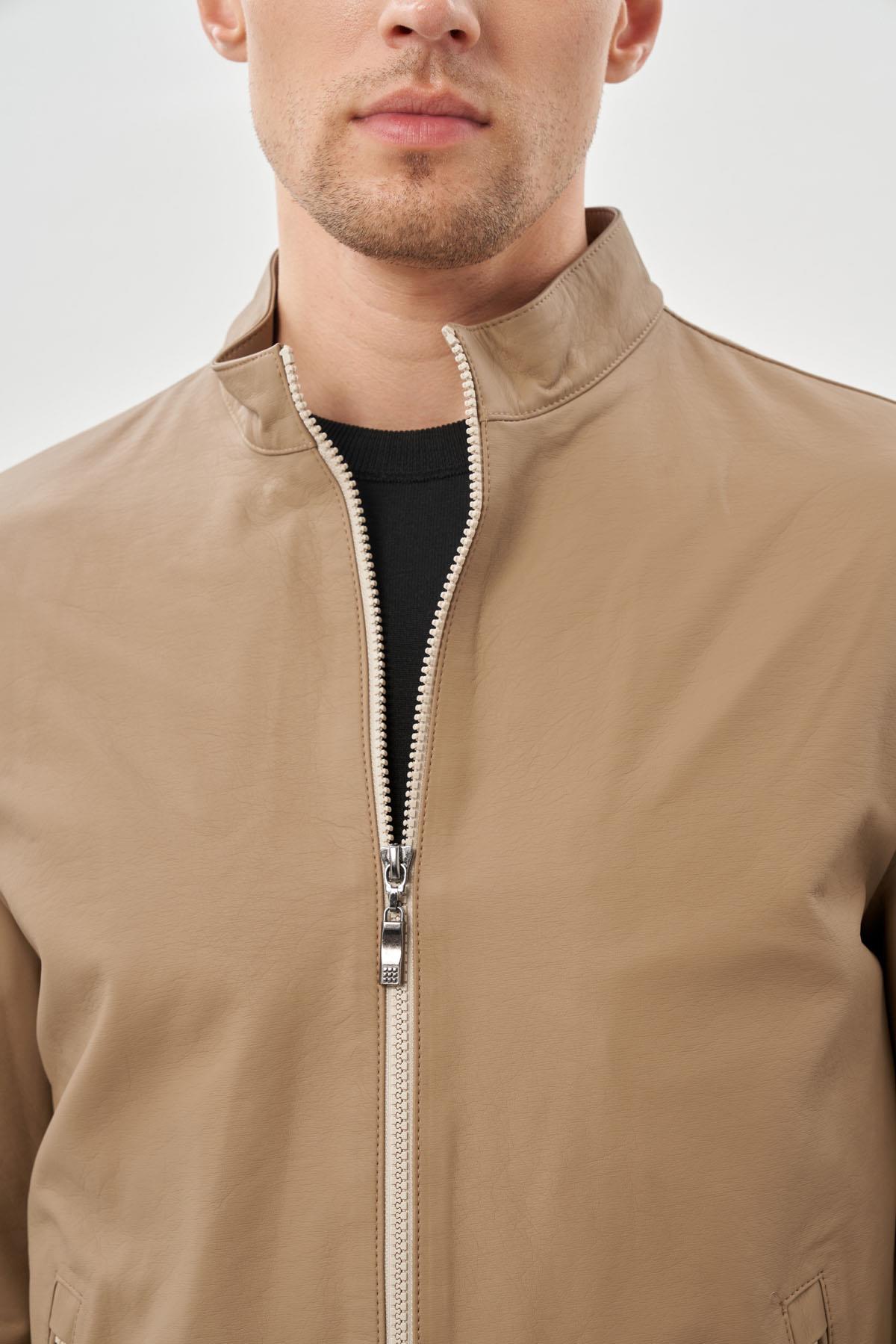 İMZA Bej Suni Deri Hakim Yaka Düz Yırtmaçsız Tam Astar Slim Fit Casual Deri Görünümlü Mont 1038245152 görsel 4