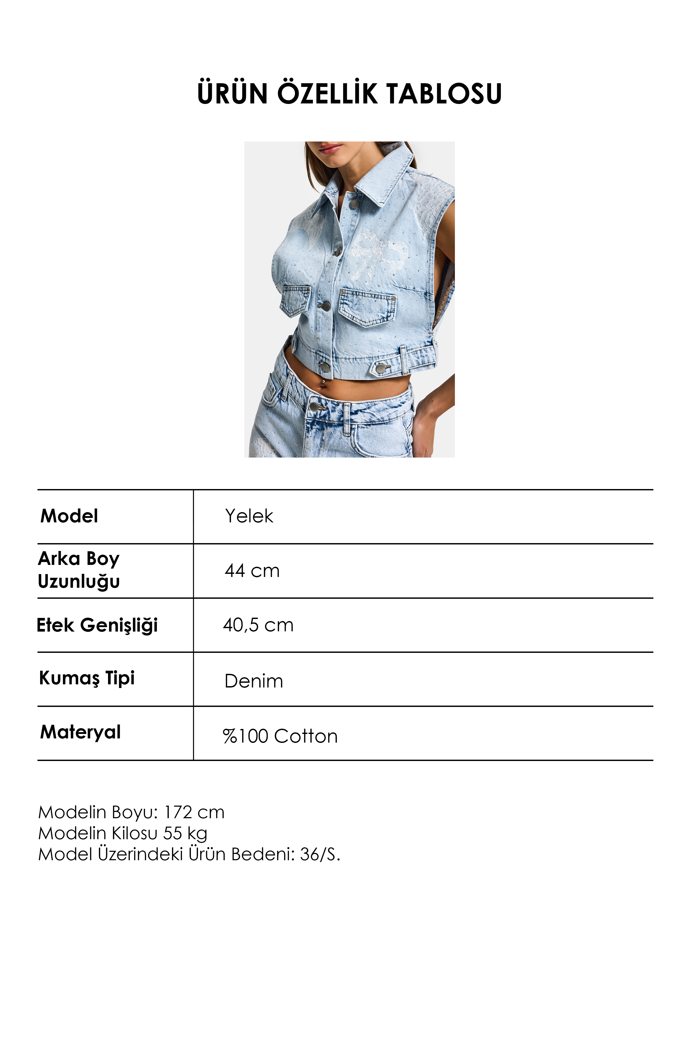 It's Basic Kadın Ice T-3s6-3 Crop Fit Dantel ve Taş Detaylı Tasarım Denim Yelek görsel 3