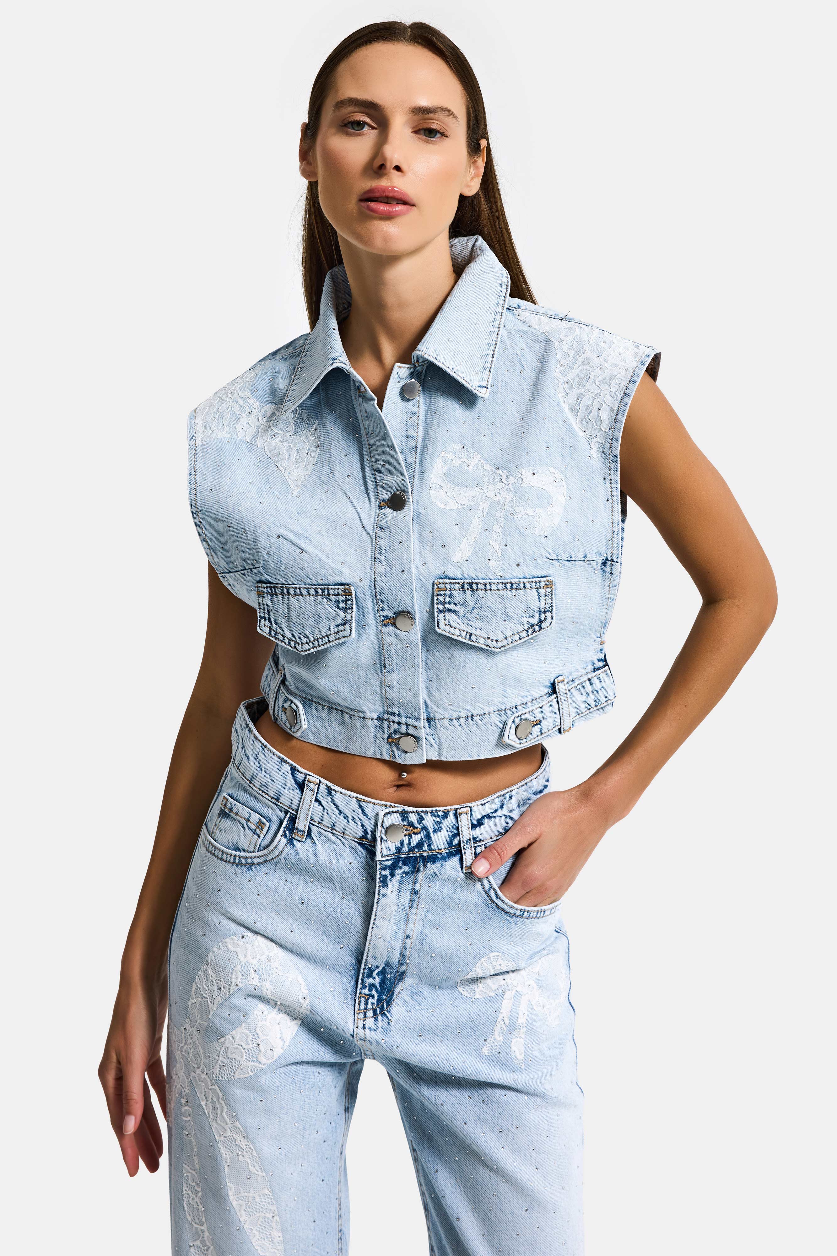 It's Basic Kadın Ice T-3s6-3 Crop Fit Dantel ve Taş Detaylı Tasarım Denim Yelek görsel 2