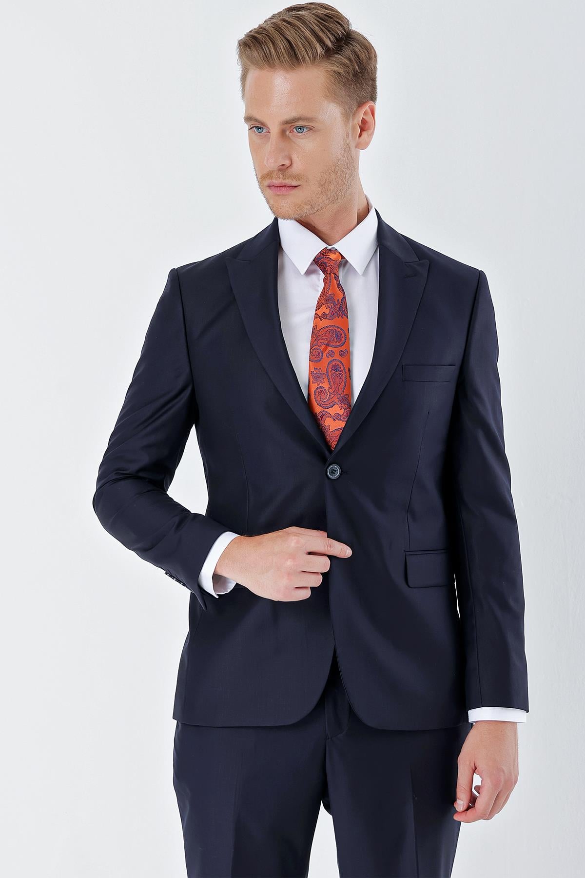 İMZA Lacivert Gabardin Kırlangıç Yaka 6 Drop Slim Fit Dar Kesim Basic Takım Elbise 1001240011 görsel 2