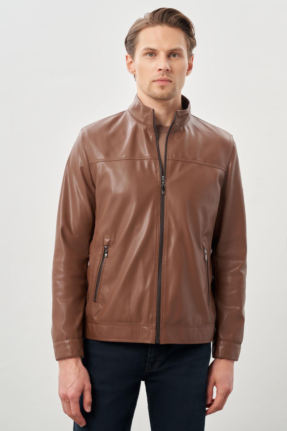 İMZA Koyu Kahverengi Suni Deri Hakim Yaka Düz Yırtmaçsız Tam Astar Slim Fit Casual Deri Mont 1038245151