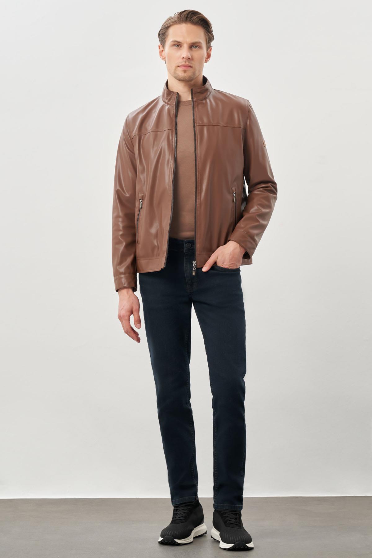 İMZA Koyu Kahverengi Suni Deri Hakim Yaka Düz Yırtmaçsız Tam Astar Slim Fit Casual Deri Mont 1038245151 görsel 2