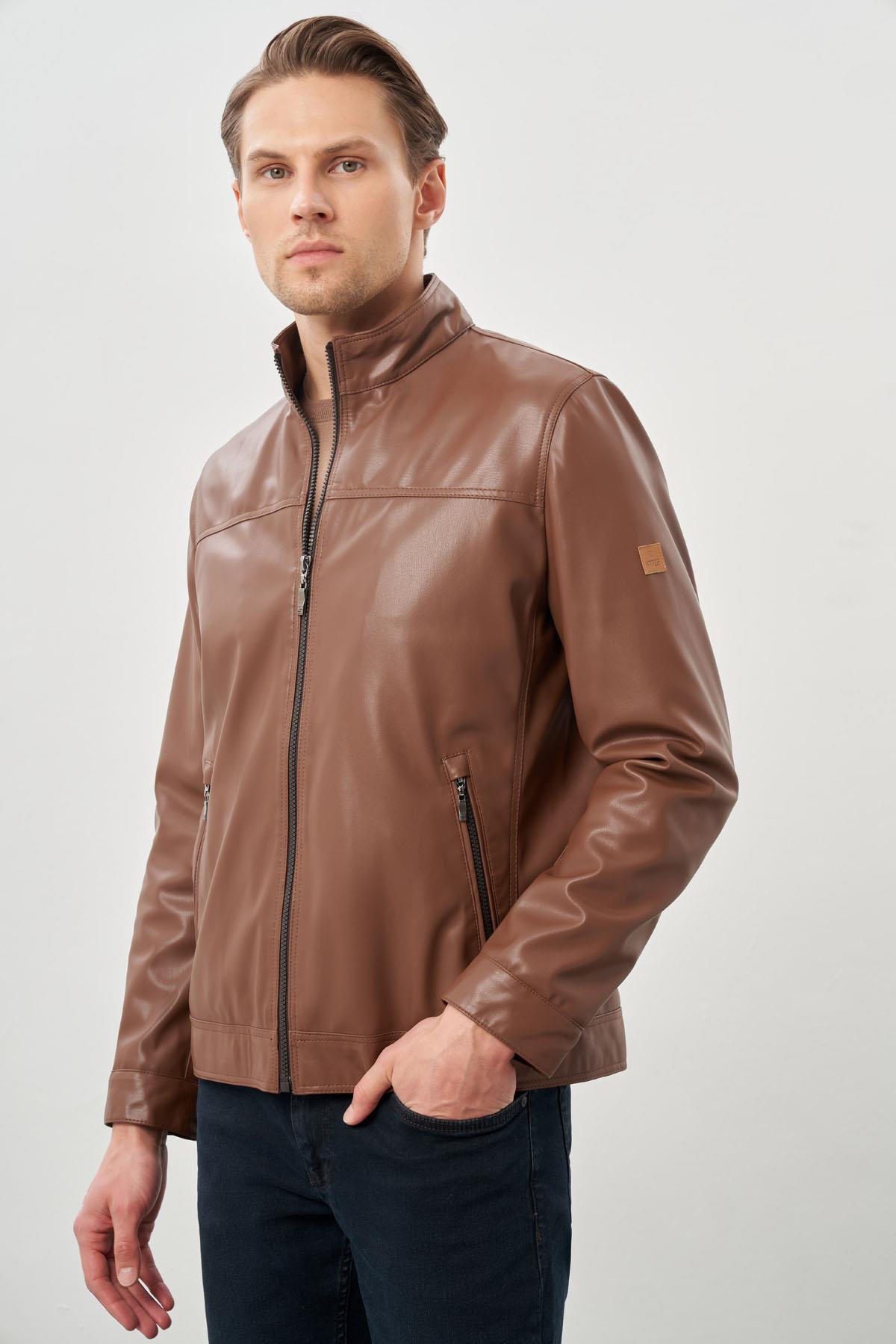 İMZA Koyu Kahverengi Suni Deri Hakim Yaka Düz Yırtmaçsız Tam Astar Slim Fit Casual Deri Mont 1038245151 görsel 3