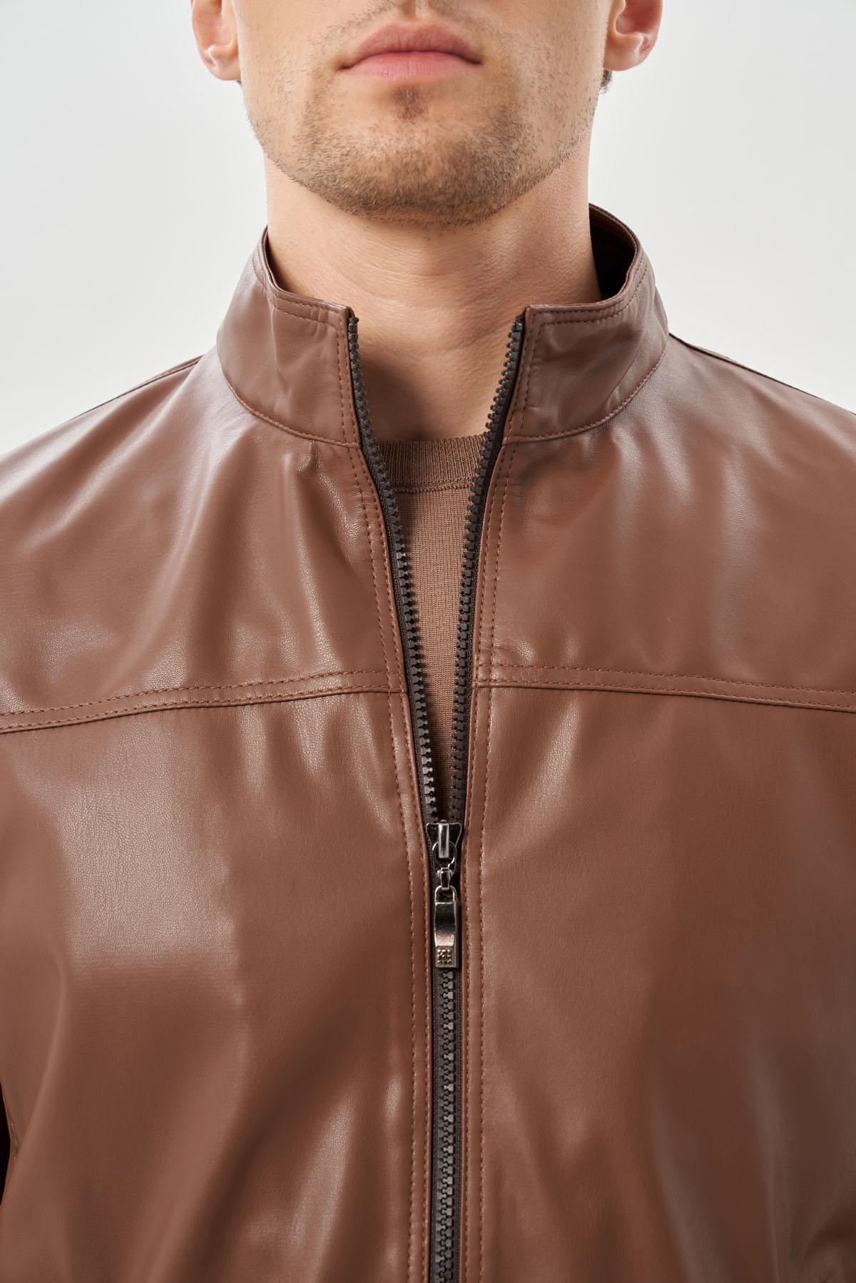 İMZA Koyu Kahverengi Suni Deri Hakim Yaka Düz Yırtmaçsız Tam Astar Slim Fit Casual Deri Mont 1038245151 görsel 4