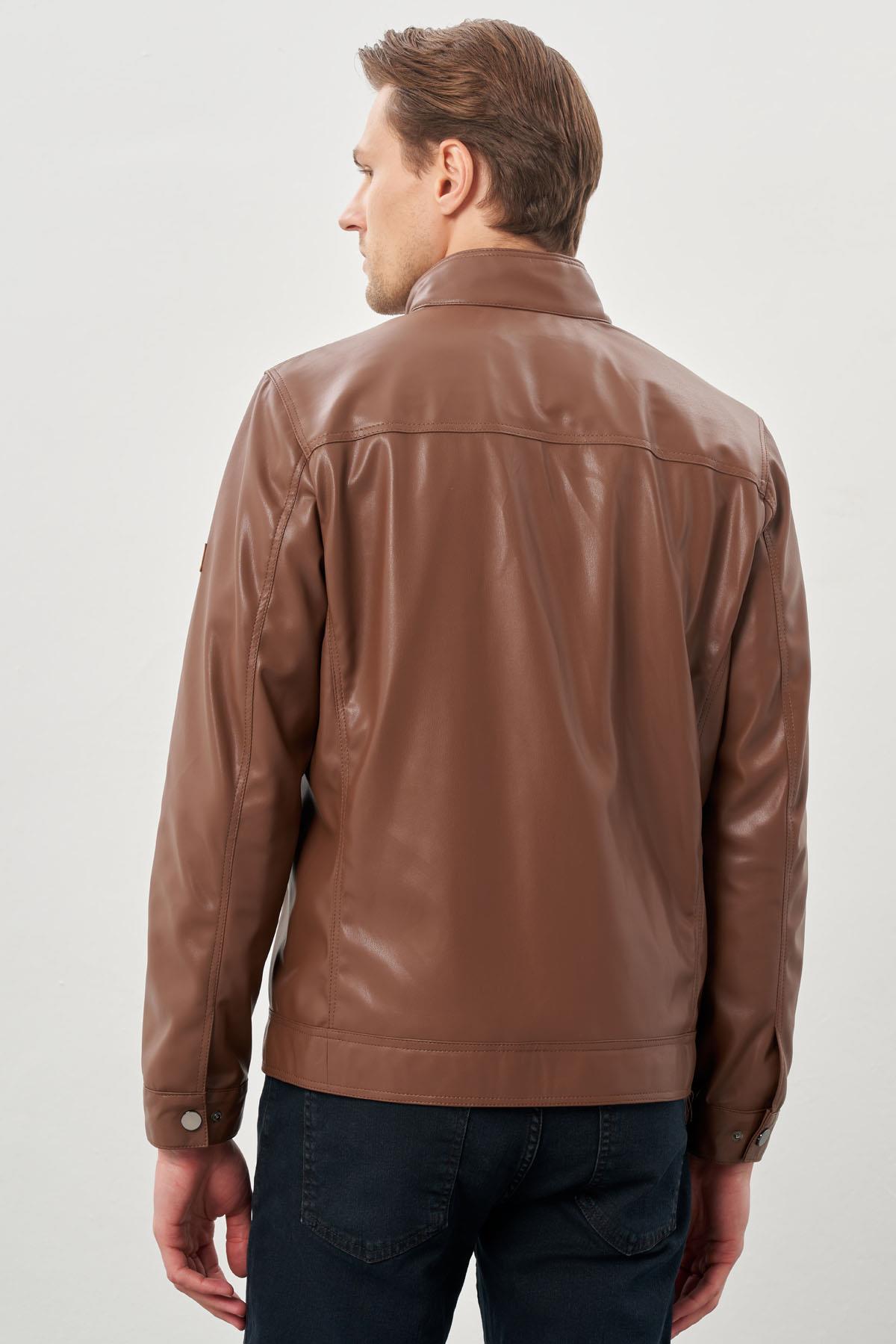 İMZA Koyu Kahverengi Suni Deri Hakim Yaka Düz Yırtmaçsız Tam Astar Slim Fit Casual Deri Mont 1038245151 görsel 5