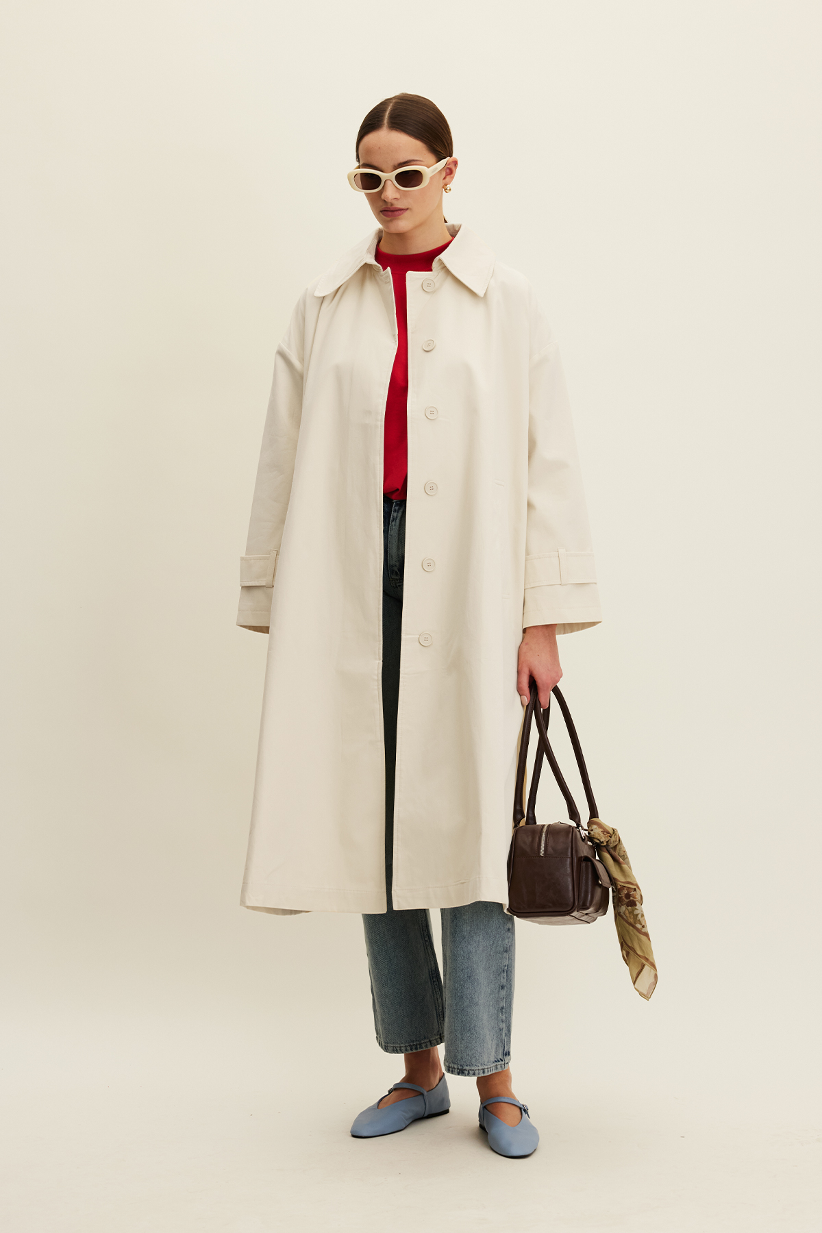 Manuka Kemerli Oversize Gabardin Trençkot Tereyağı
