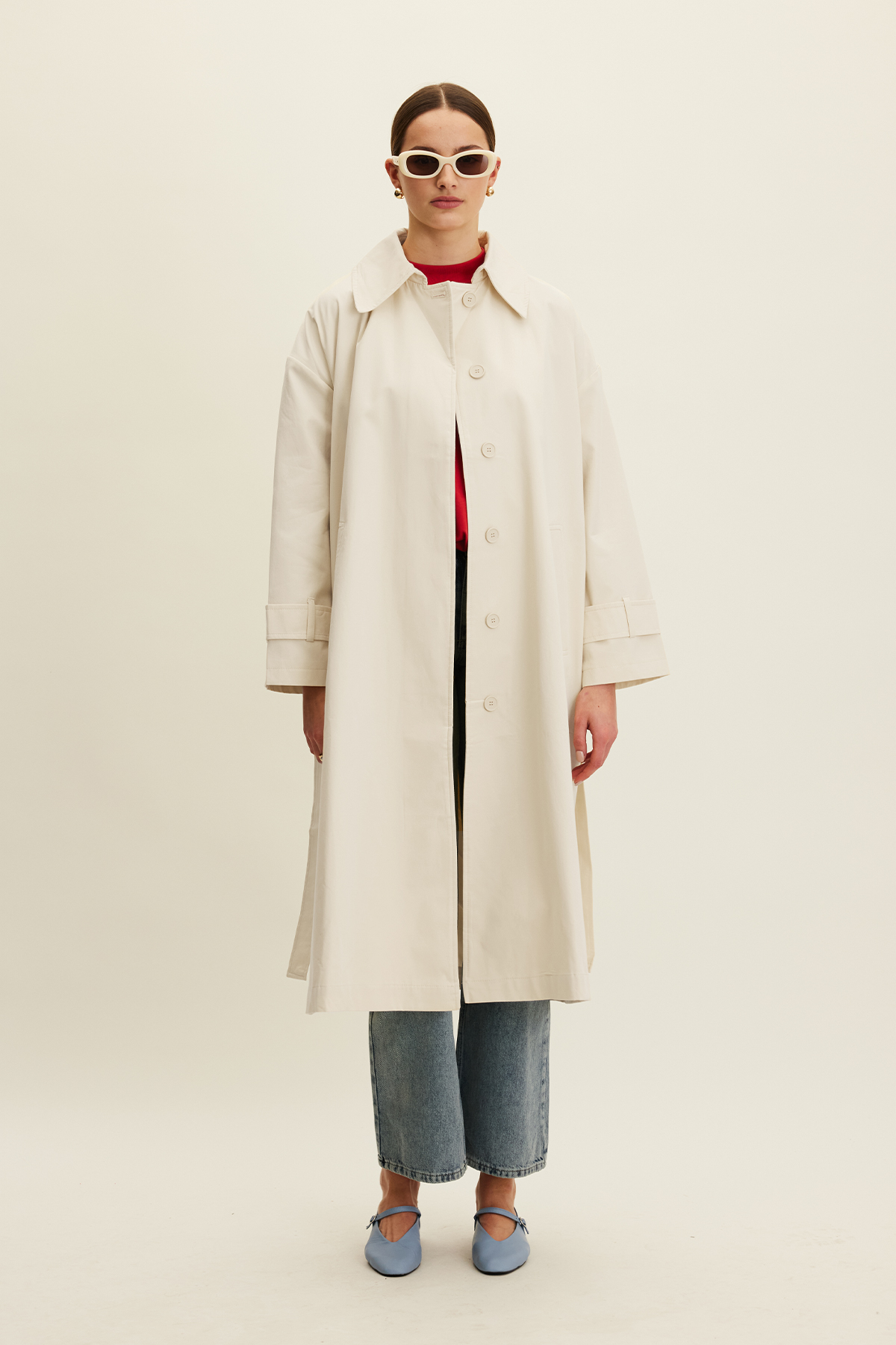 Manuka Kemerli Oversize Gabardin Trençkot Tereyağı görsel 2