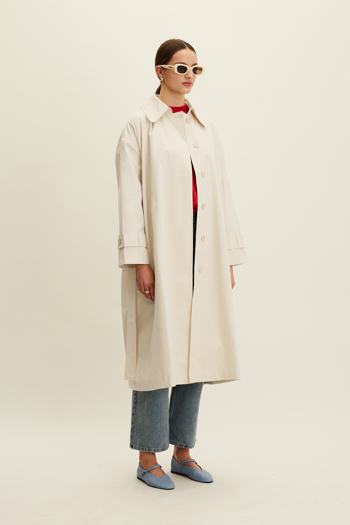 Manuka Kemerli Oversize Gabardin Trençkot Tereyağı görsel 3