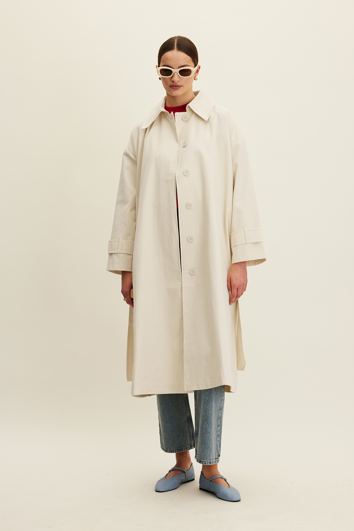 Manuka Kemerli Oversize Gabardin Trençkot Tereyağı görsel 4