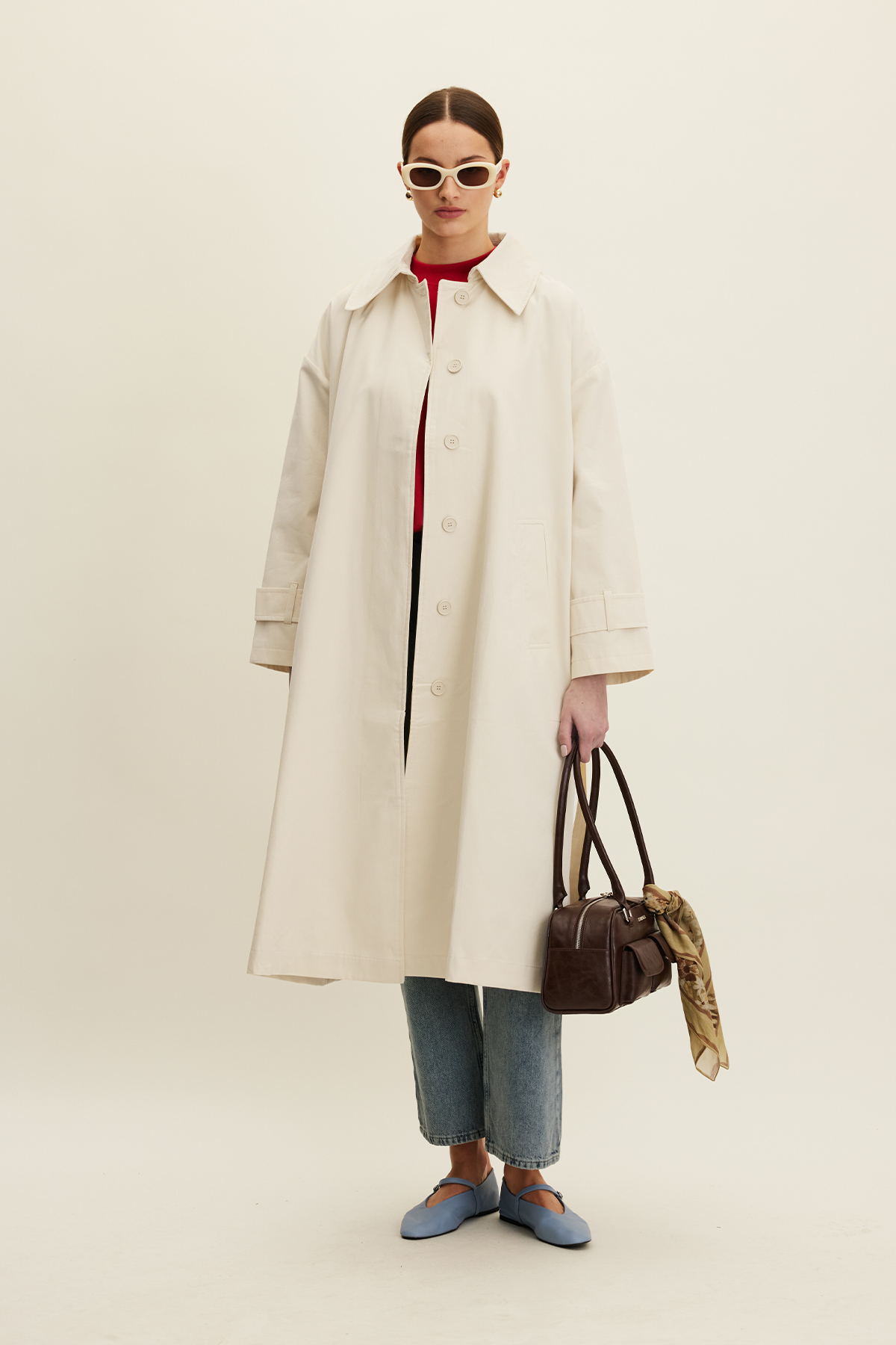 Manuka Kemerli Oversize Gabardin Trençkot Tereyağı görsel 5