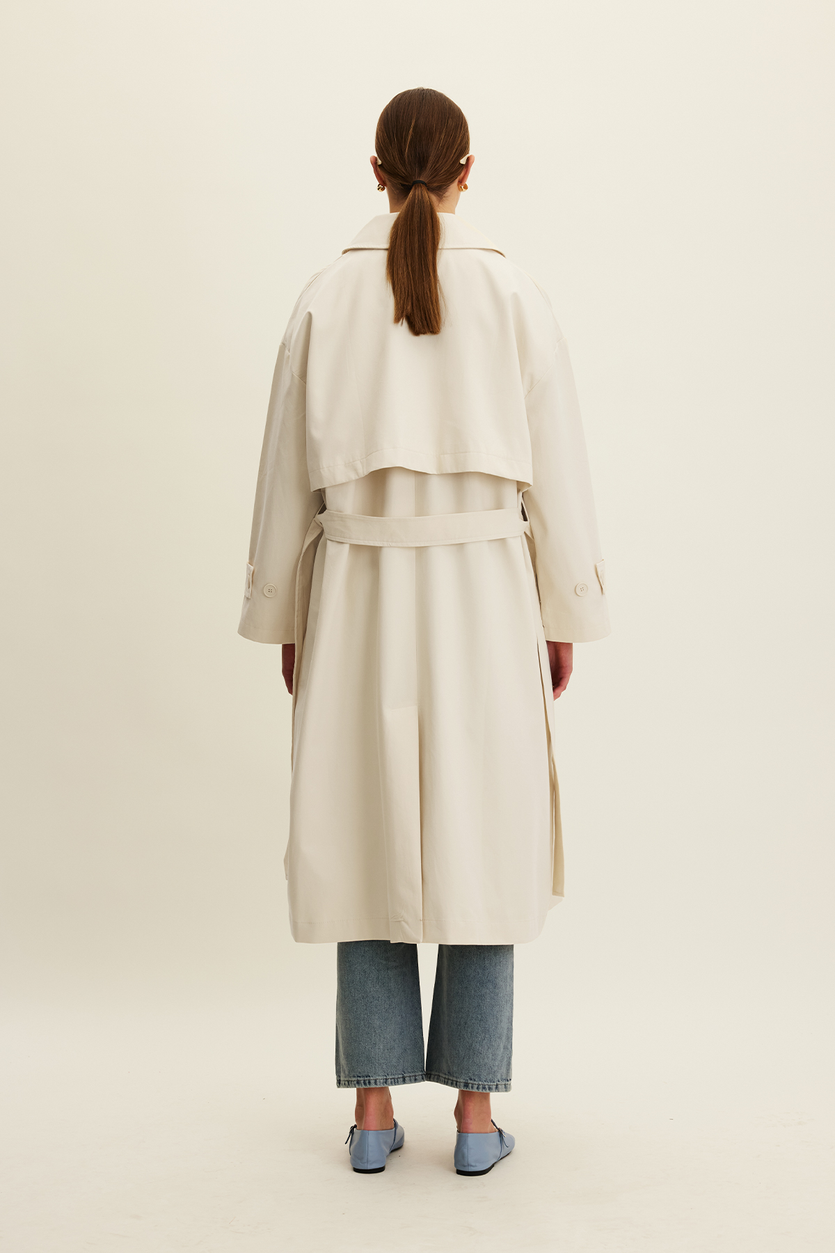 Manuka Kemerli Oversize Gabardin Trençkot Tereyağı görsel 6
