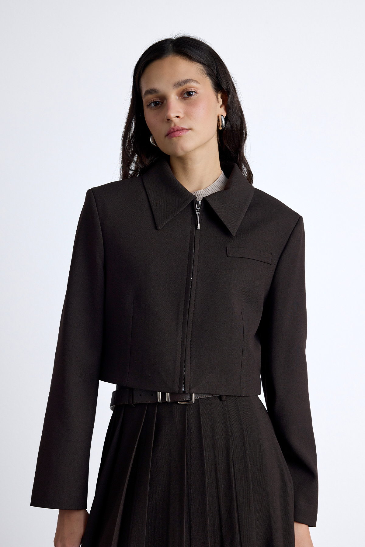 Manuka Klasik Kesim Crop Blazer Ceket Acı Kahve görsel 2