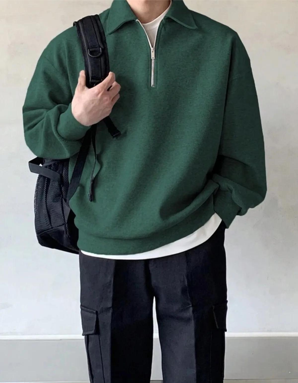 Genius Store Erkek Polo Yaka Oversize Yarım Fermuar Sweatshirt Oversize-Sweatshirt