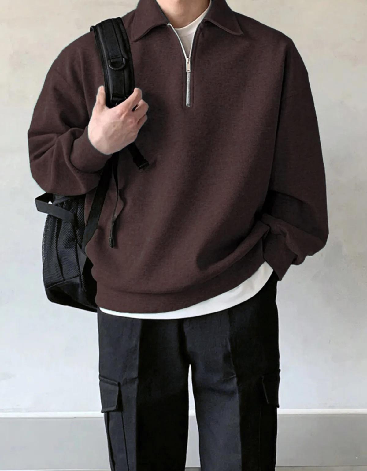 Genius Store Erkek Polo Yaka Oversize Yarım Fermuar Sweatshirt Oversize-Sweatshirt
