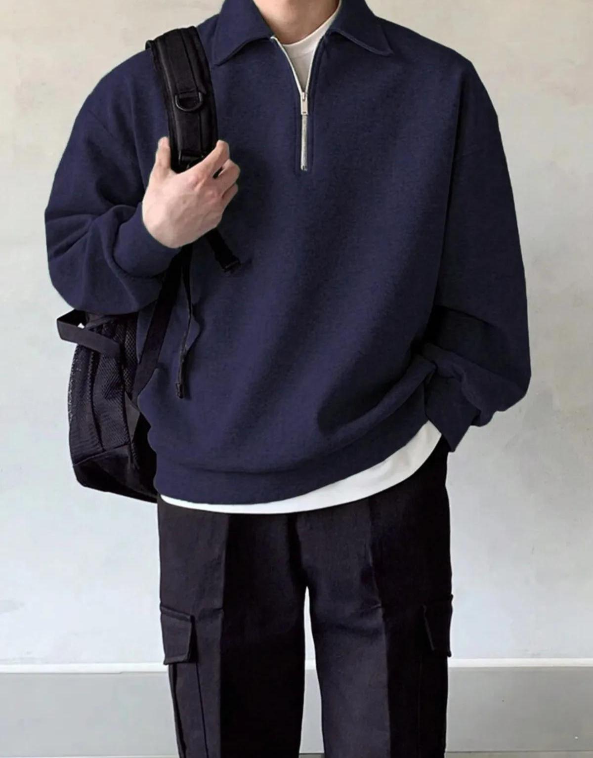 Genius Store Erkek Polo Yaka Oversize Yarım Fermuar Sweatshirt Oversize-Sweatshirt