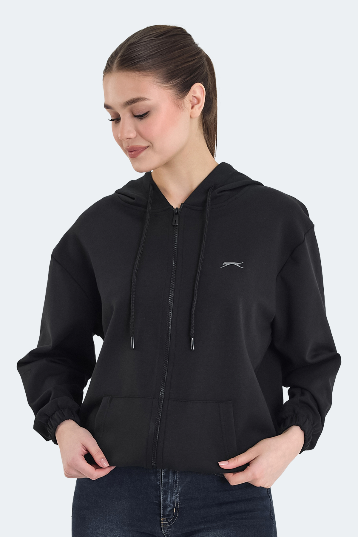SLAZENGER KIMBERLEY IN Kadın Fermuarlı Kapüşonlu Cepli Siyah Sweatshırt
