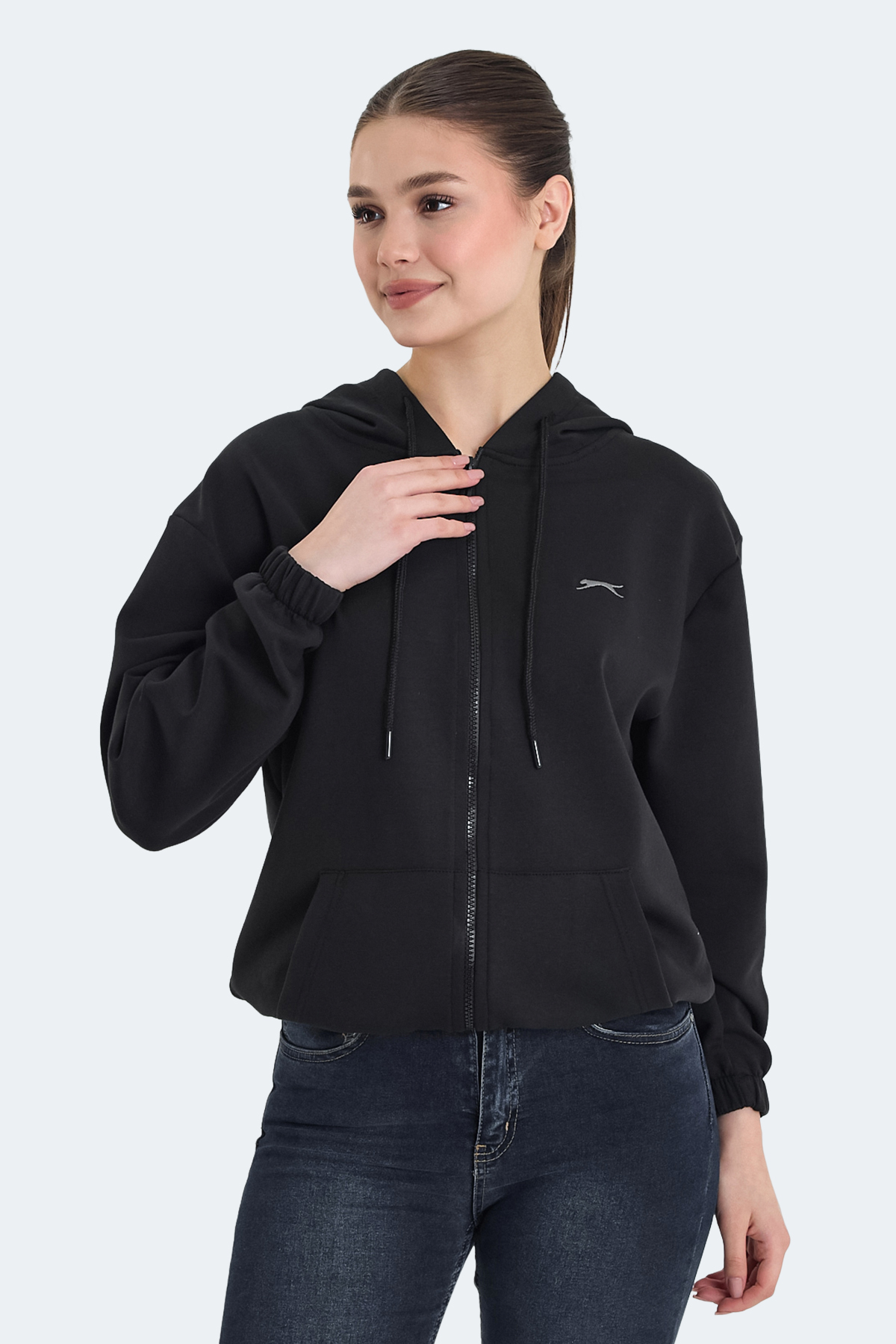 SLAZENGER KIMBERLEY IN Kadın Fermuarlı Kapüşonlu Cepli Siyah Sweatshırt görsel 4