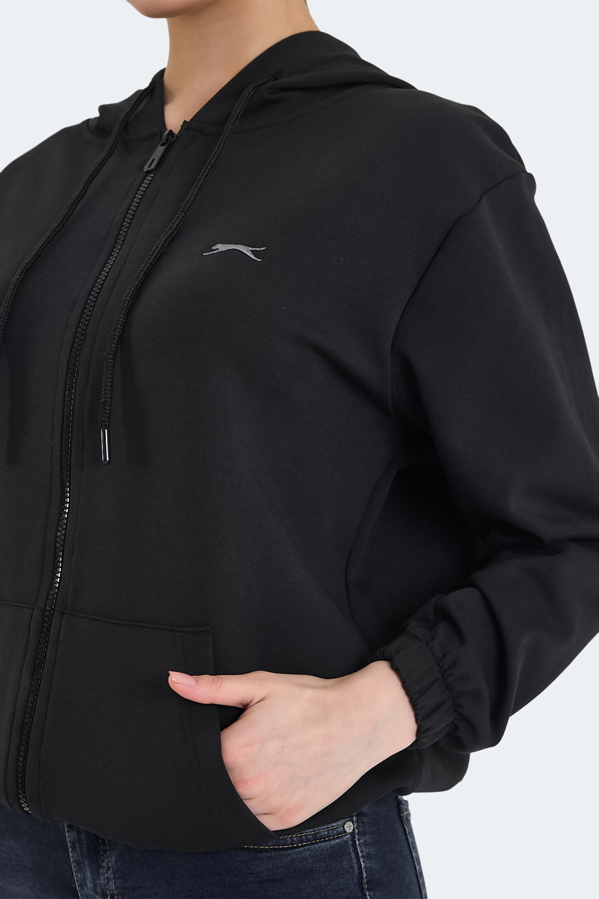 SLAZENGER KIMBERLEY IN Kadın Fermuarlı Kapüşonlu Cepli Siyah Sweatshırt görsel 5