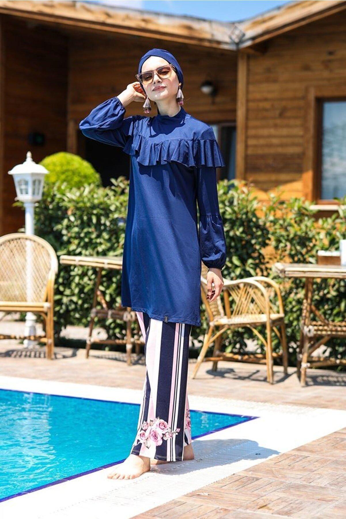 Marina 4'lü Lacivert Gül Detaylı Tam Kapalı Tesettür Mayo M2012