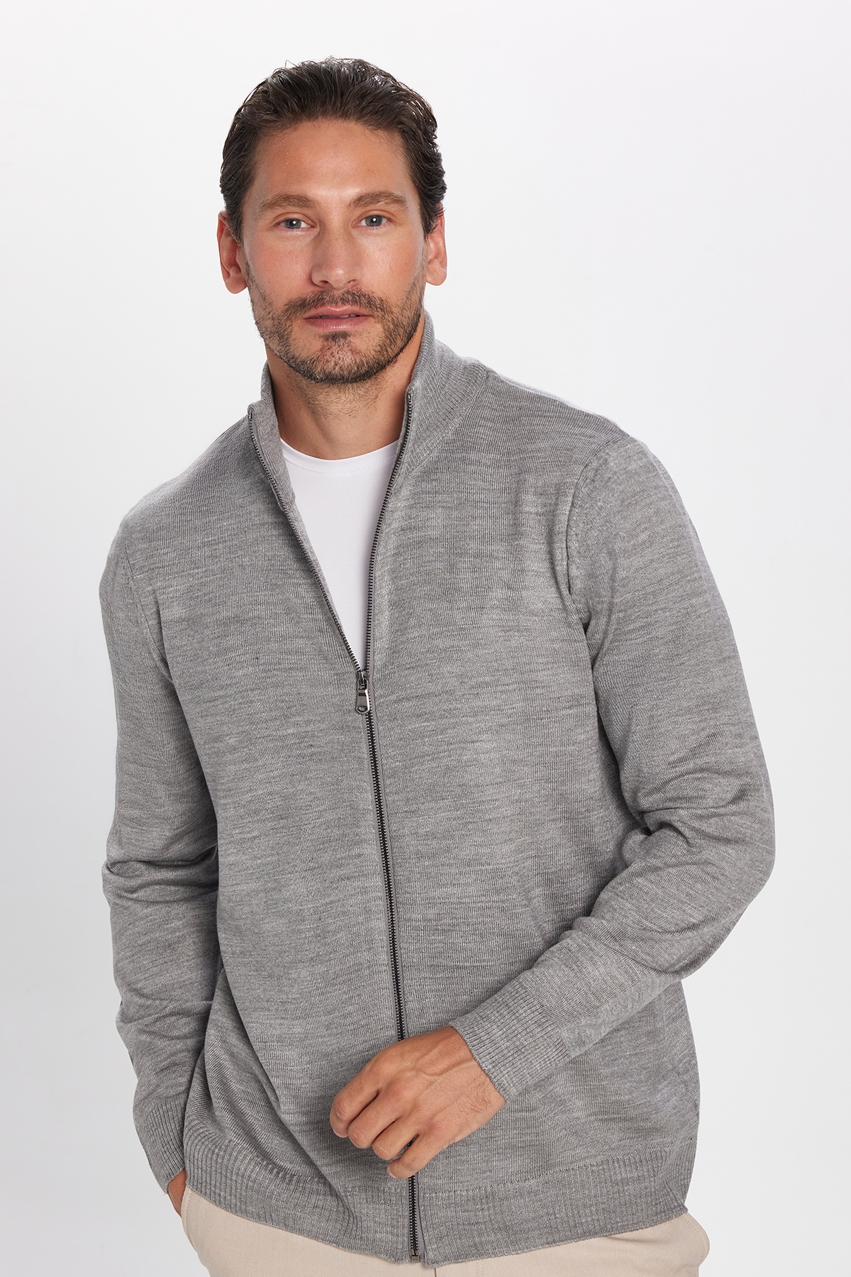 TUDORS Erkek Slim Fit Dar Kesim Gri Dik Yaka Fermuarlı Düz Hırka