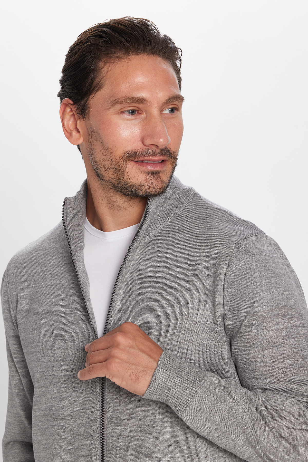 TUDORS Erkek Slim Fit Dar Kesim Gri Dik Yaka Fermuarlı Düz Hırka görsel 2