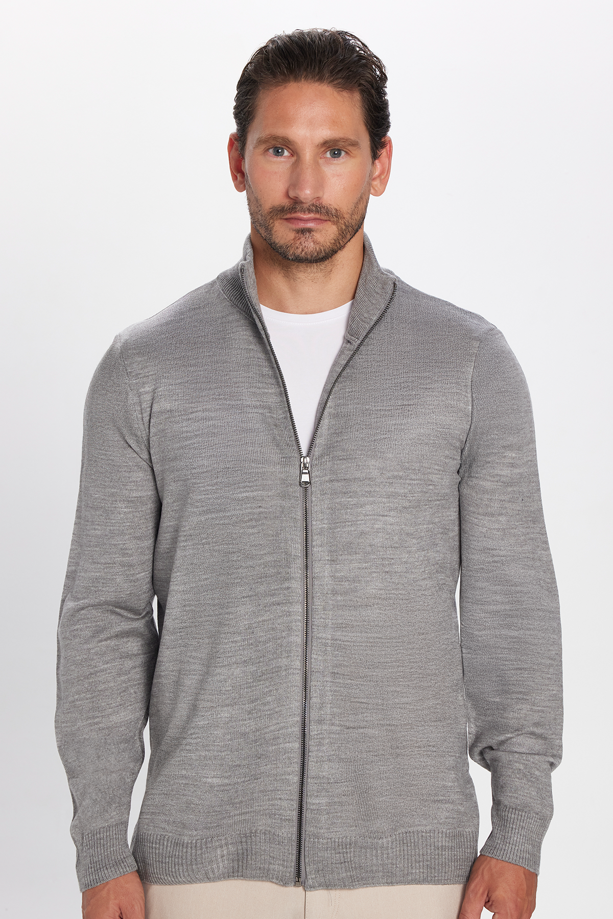 TUDORS Erkek Slim Fit Dar Kesim Gri Dik Yaka Fermuarlı Düz Hırka görsel 4