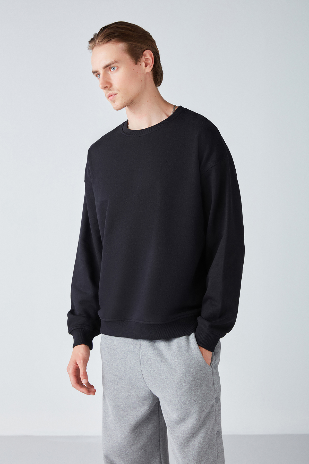 GRIMELANGE Stephan Erkek Yumuşacık Kumaşlı organik Pamuklu Oversize Fit Yuvarlak Yakalı SİYAH Sweatshirt