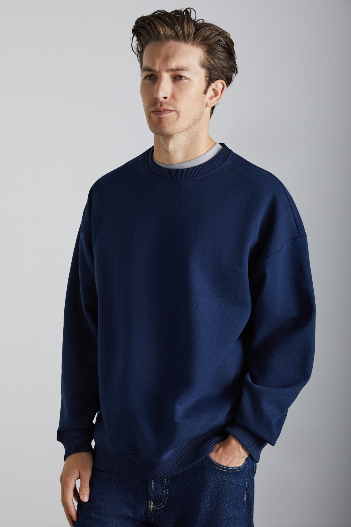 GRIMELANGE Stephan Erkek Yumuşacık Kumaşlı organik Pamuklu Oversize Fit Yuvarlak Yakalı LACİVERT Sweatshirt