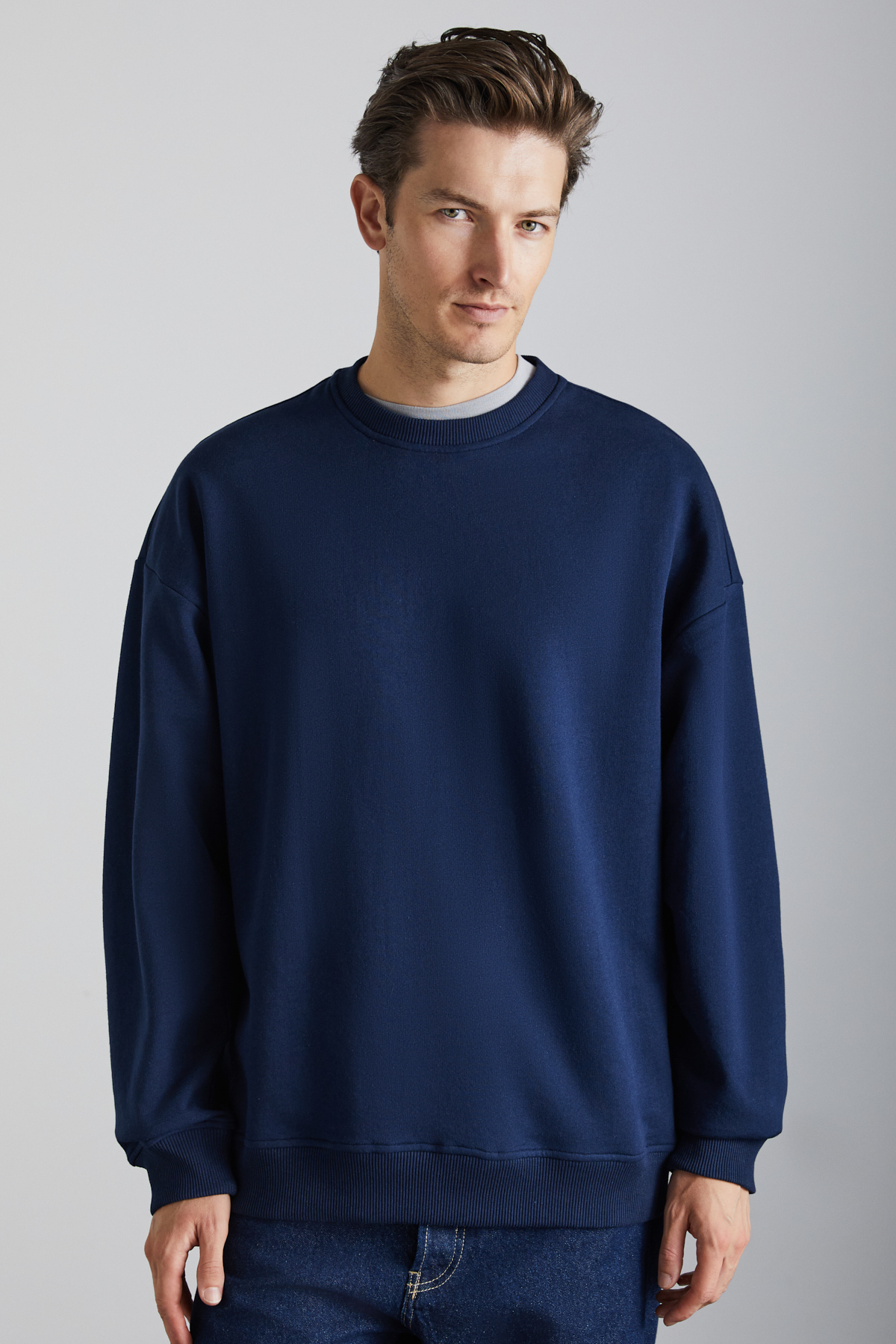 GRIMELANGE Stephan Erkek Yumuşacık Kumaşlı organik Pamuklu Oversize Fit Yuvarlak Yakalı LACİVERT Sweatshirt görsel 2