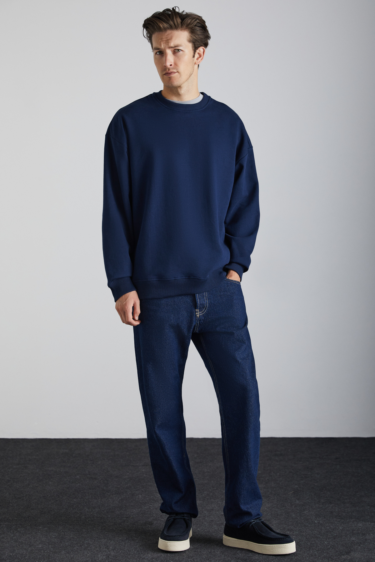 GRIMELANGE Stephan Erkek Yumuşacık Kumaşlı organik Pamuklu Oversize Fit Yuvarlak Yakalı LACİVERT Sweatshirt görsel 3