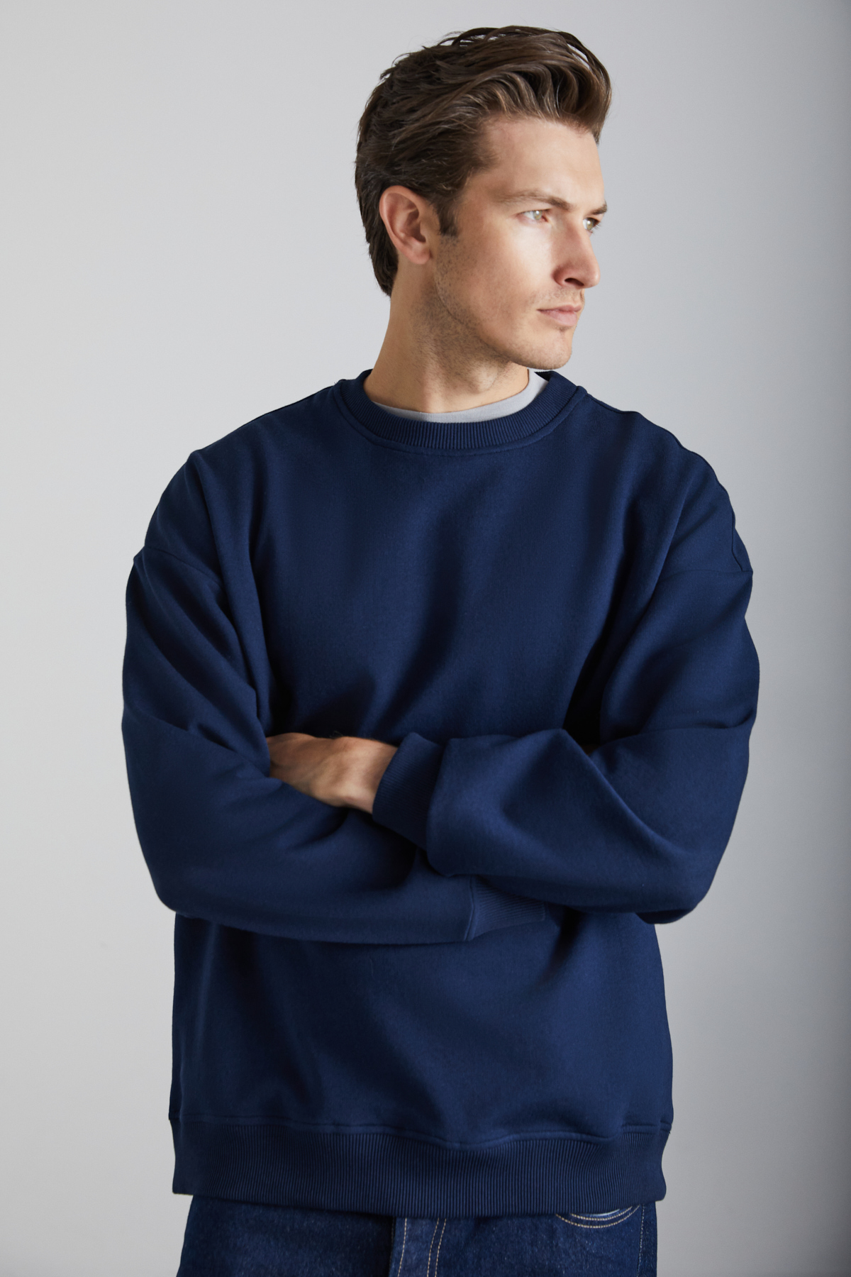 GRIMELANGE Stephan Erkek Yumuşacık Kumaşlı organik Pamuklu Oversize Fit Yuvarlak Yakalı LACİVERT Sweatshirt görsel 4