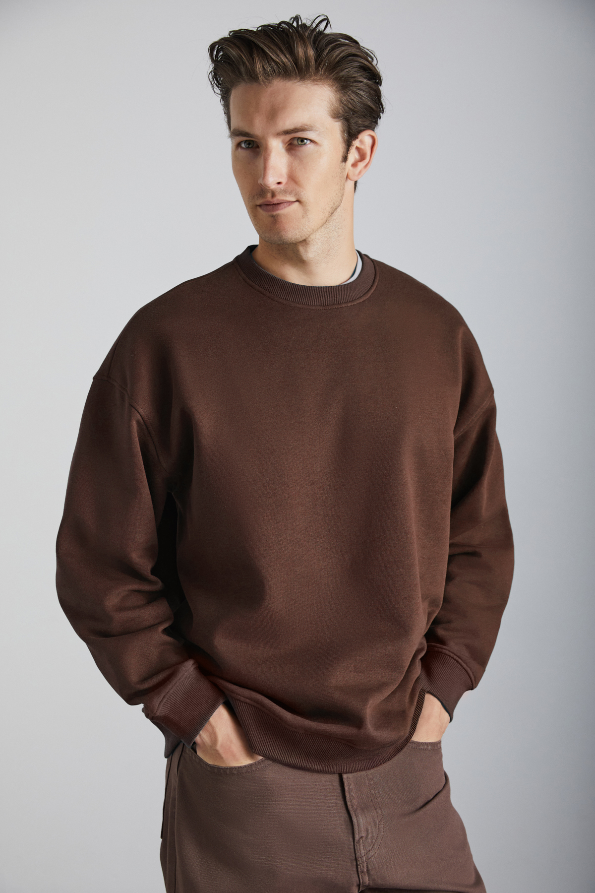 GRIMELANGE Stephan Erkek Yumuşacık Kumaşlı organik Pamuklu Oversize Fit Yuvarlak Yakalı KAHVERENGİ Sweatshirt
