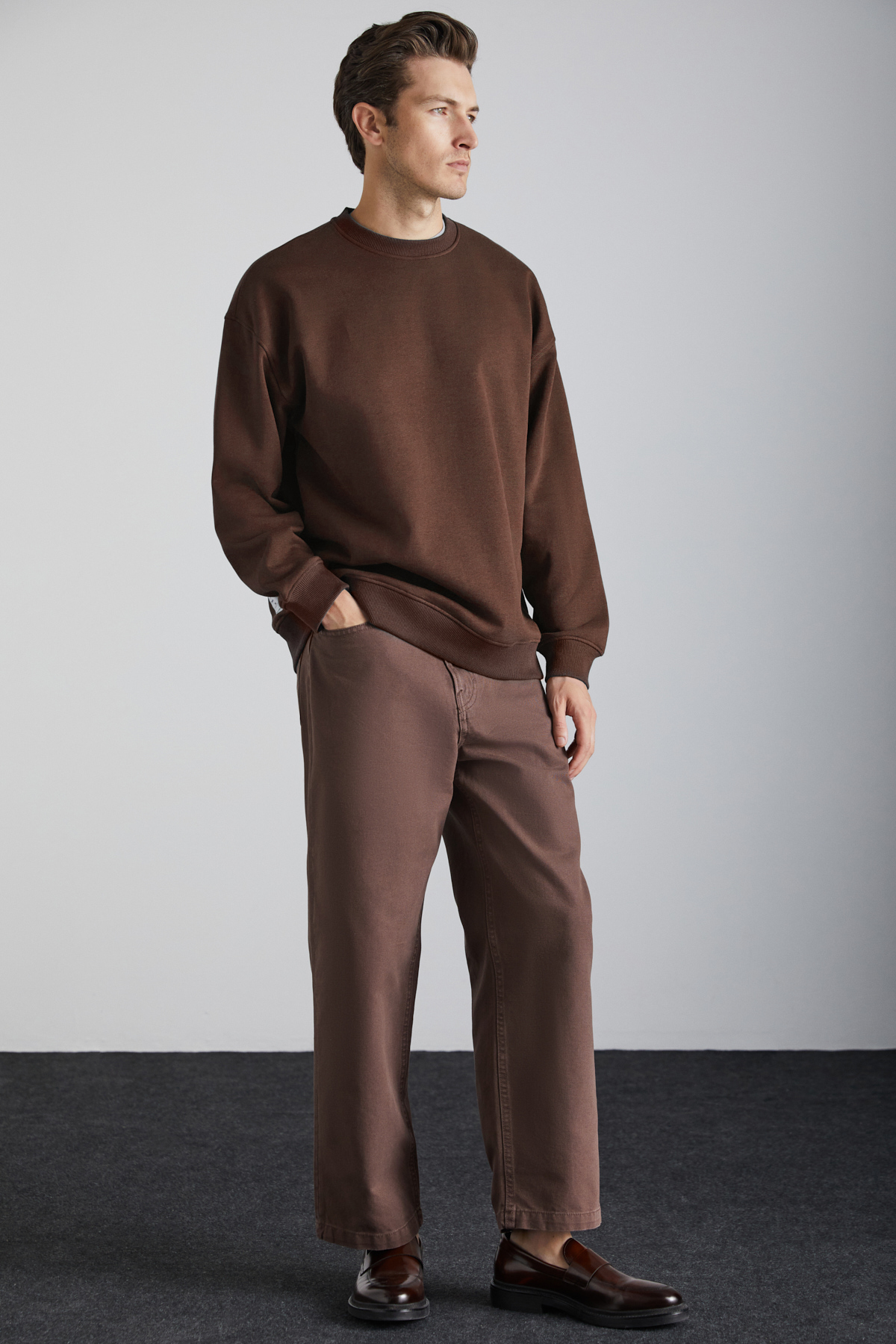 GRIMELANGE Stephan Erkek Yumuşacık Kumaşlı organik Pamuklu Oversize Fit Yuvarlak Yakalı KAHVERENGİ Sweatshirt görsel 2