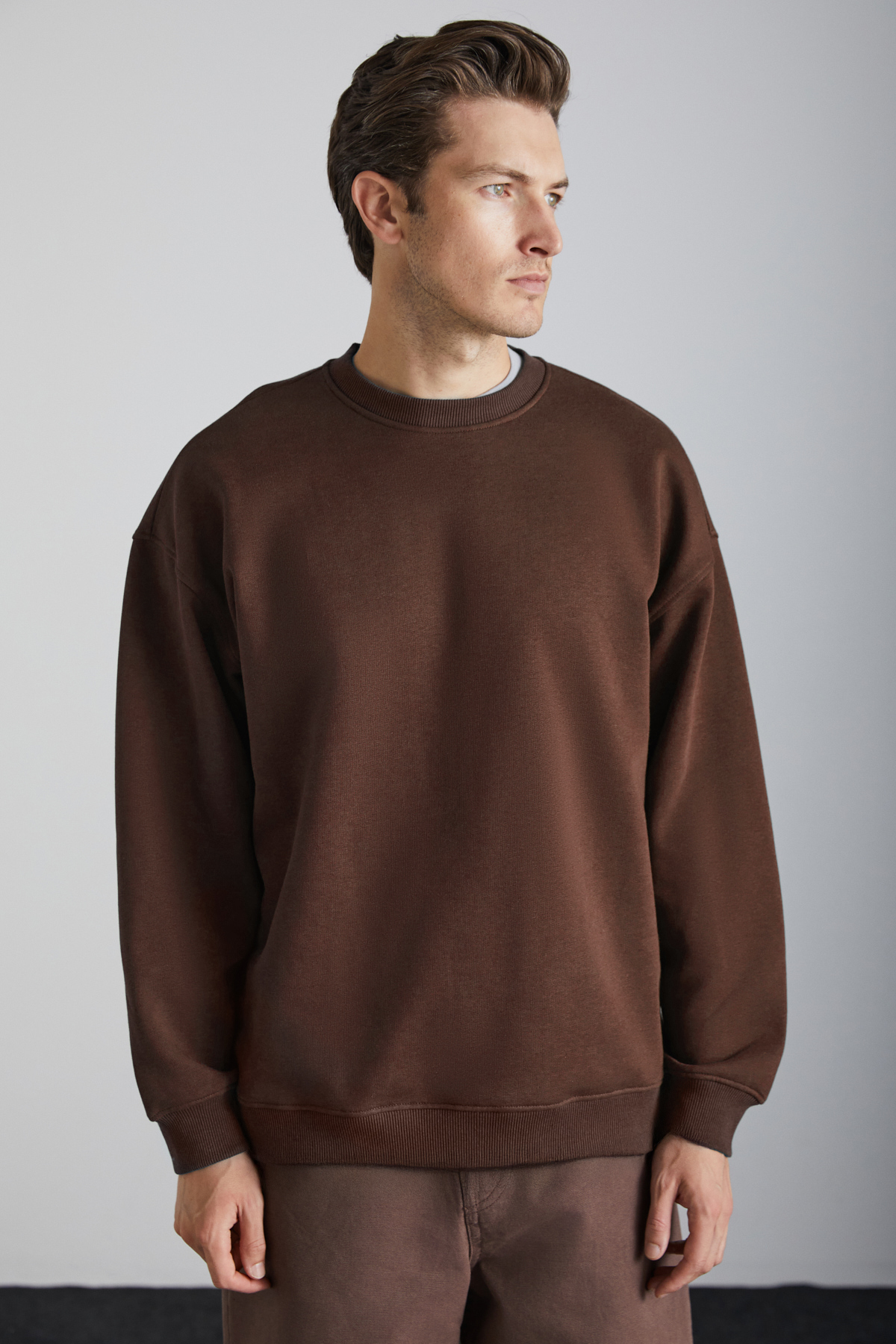 GRIMELANGE Stephan Erkek Yumuşacık Kumaşlı organik Pamuklu Oversize Fit Yuvarlak Yakalı KAHVERENGİ Sweatshirt görsel 3