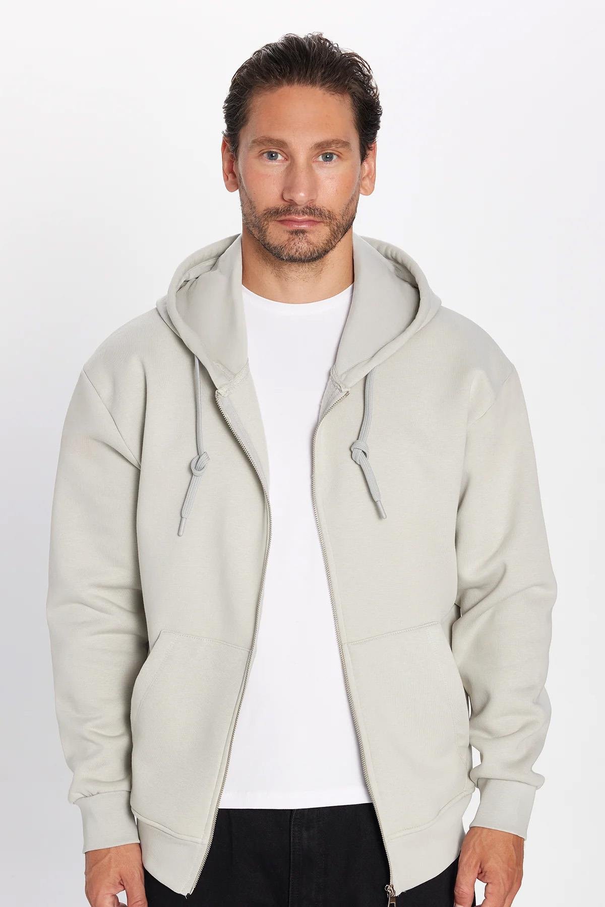 TUDORS Unisex Relax Fit Rahat Kesim Pamuklu İçi Polarlı Çift Cepli Taş Renk Kapüşonlu Fermuarlı Sweatshirt görsel 5
