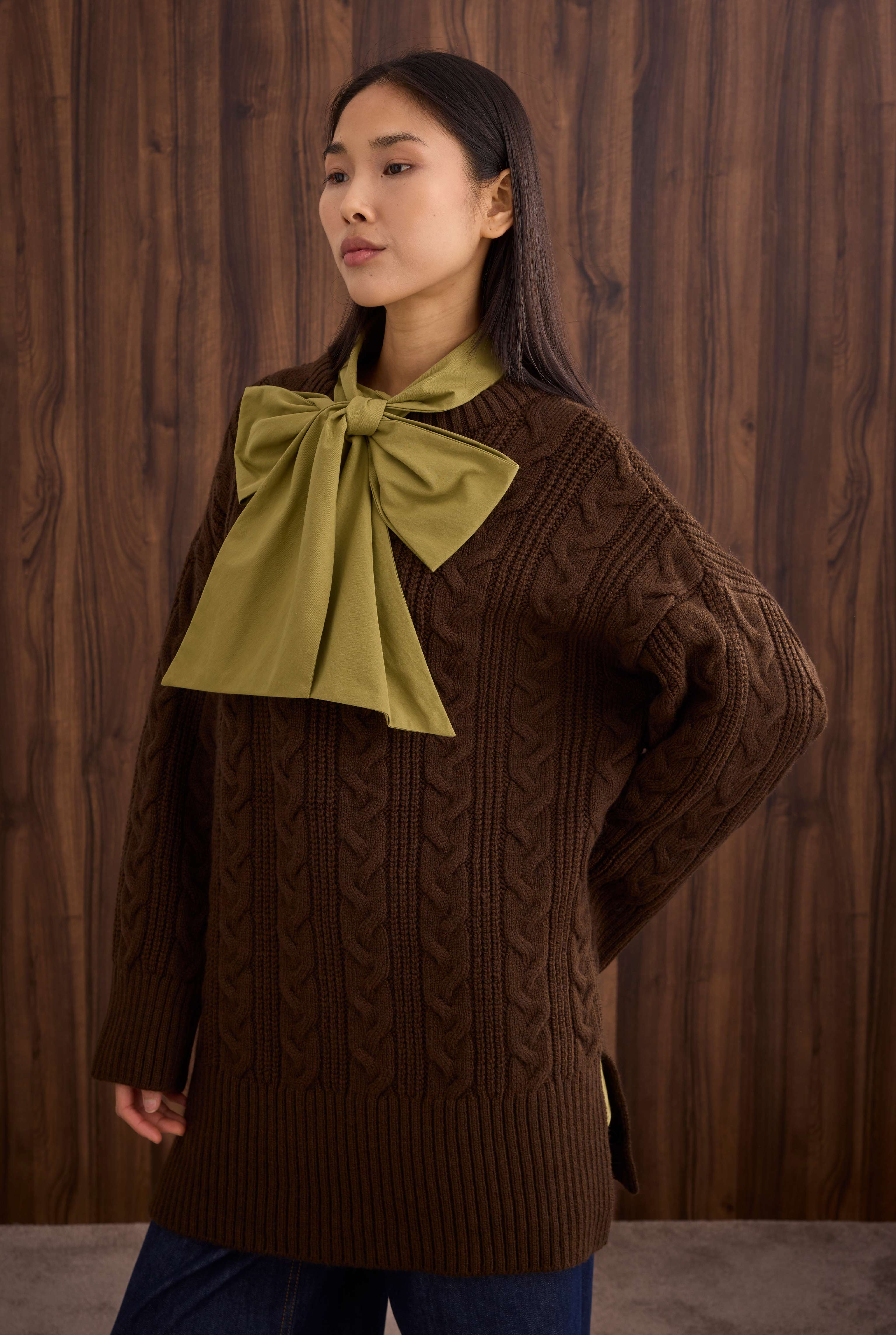 HE-QA Örgülü Uzun Kazak Kahverengi görsel 3
