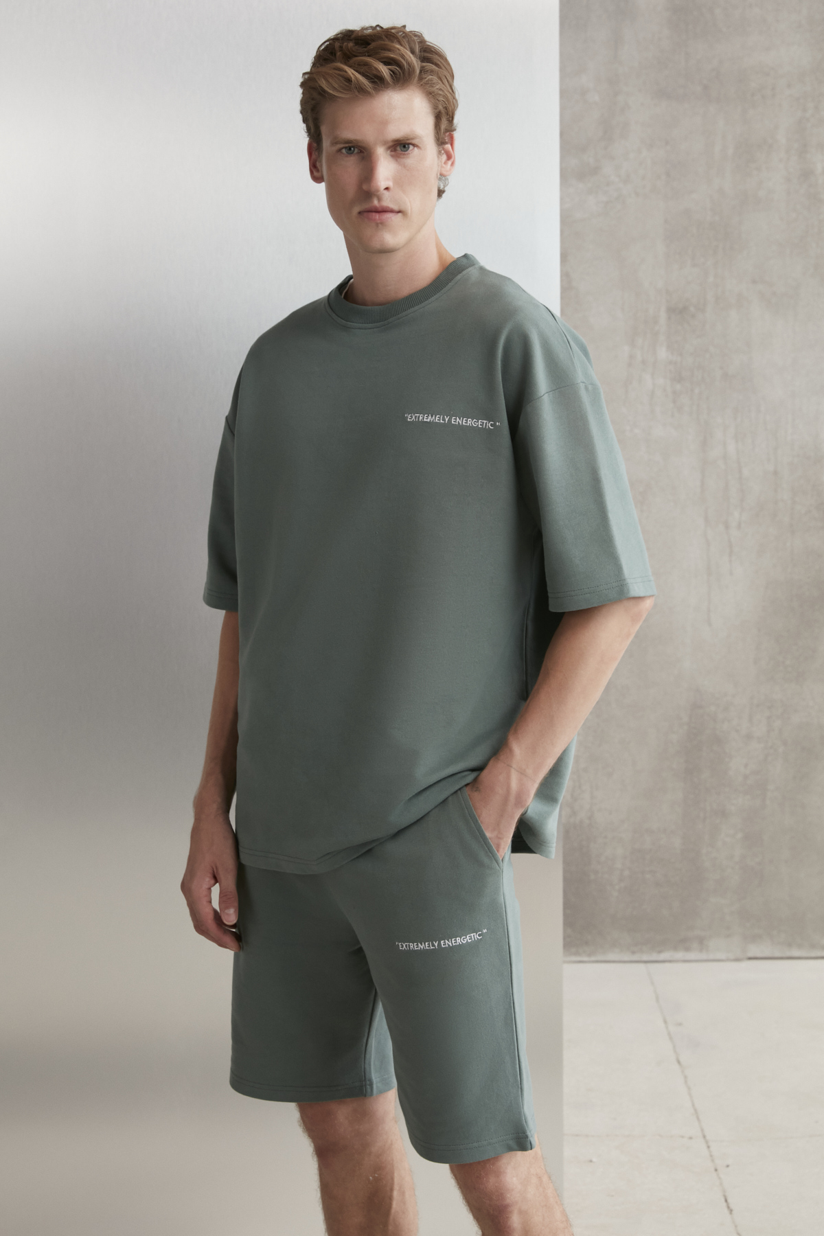 GRIMELANGE Erkek 2'Li Set Comfort Fit Rahat Kalıp Yazı Nakışlı Şardonsuz YEŞİL Eşofman Takımı