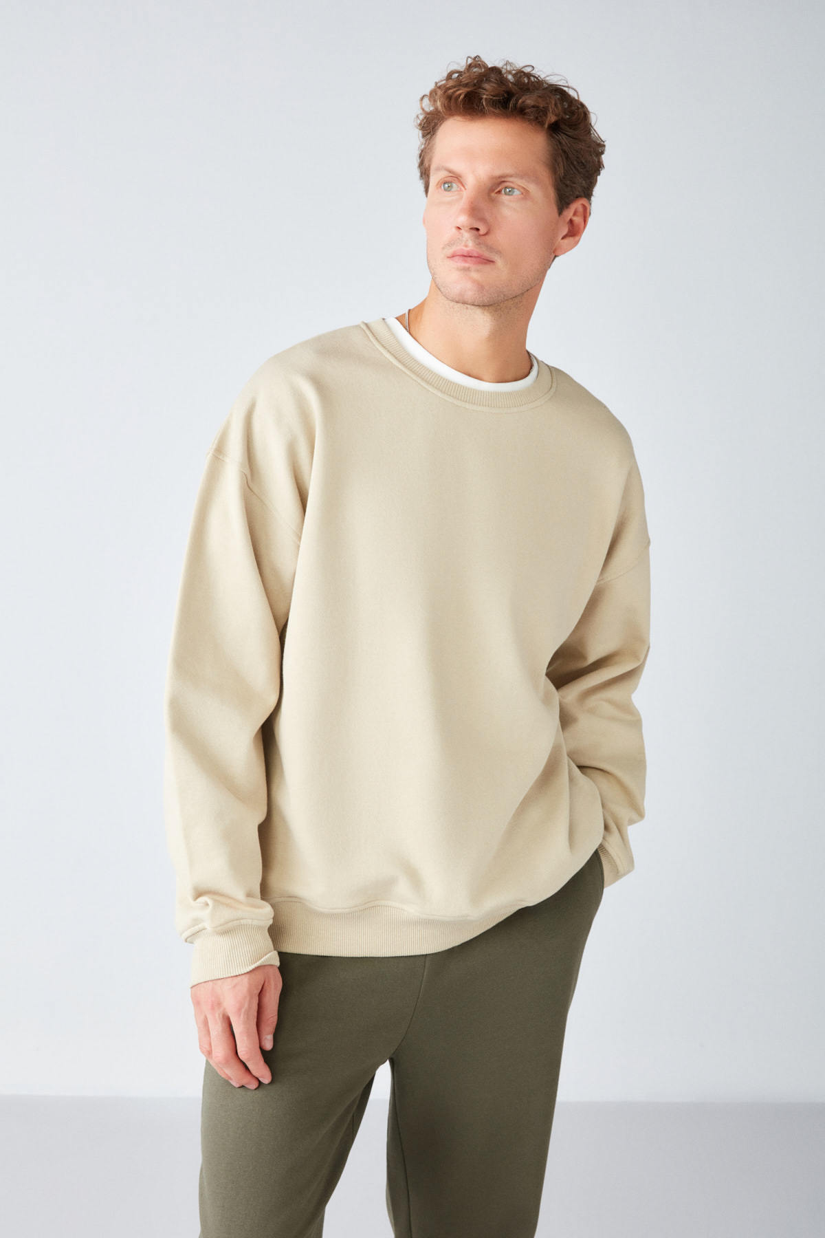 GRIMELANGE Stephan Erkek Yumuşacık Kumaşlı organik Pamuklu Oversize Fit Yuvarlak Yakalı BEJ Sweatshirt