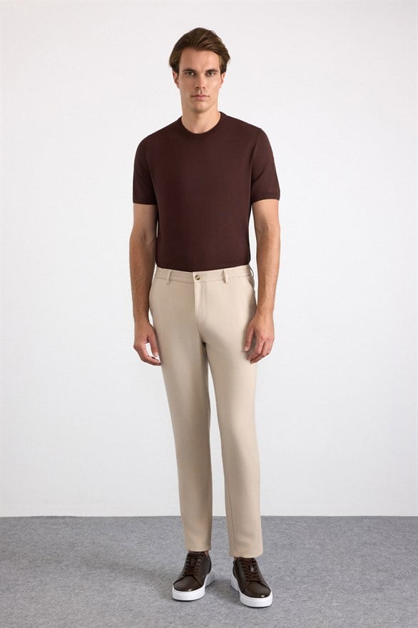 Süvari Bej Slim Düz Pantolon